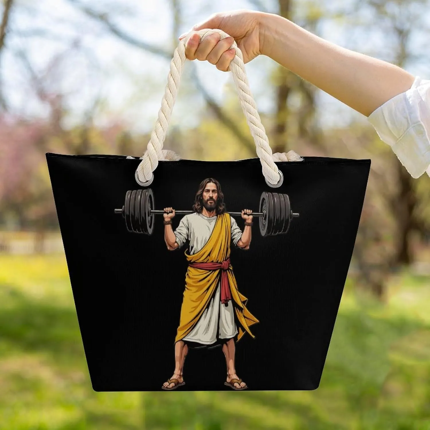 Rope Bag Women Men Beach Tote Bag with Hemp Rope Handle Top Zipper Boat Bag Large Capacity Handbag