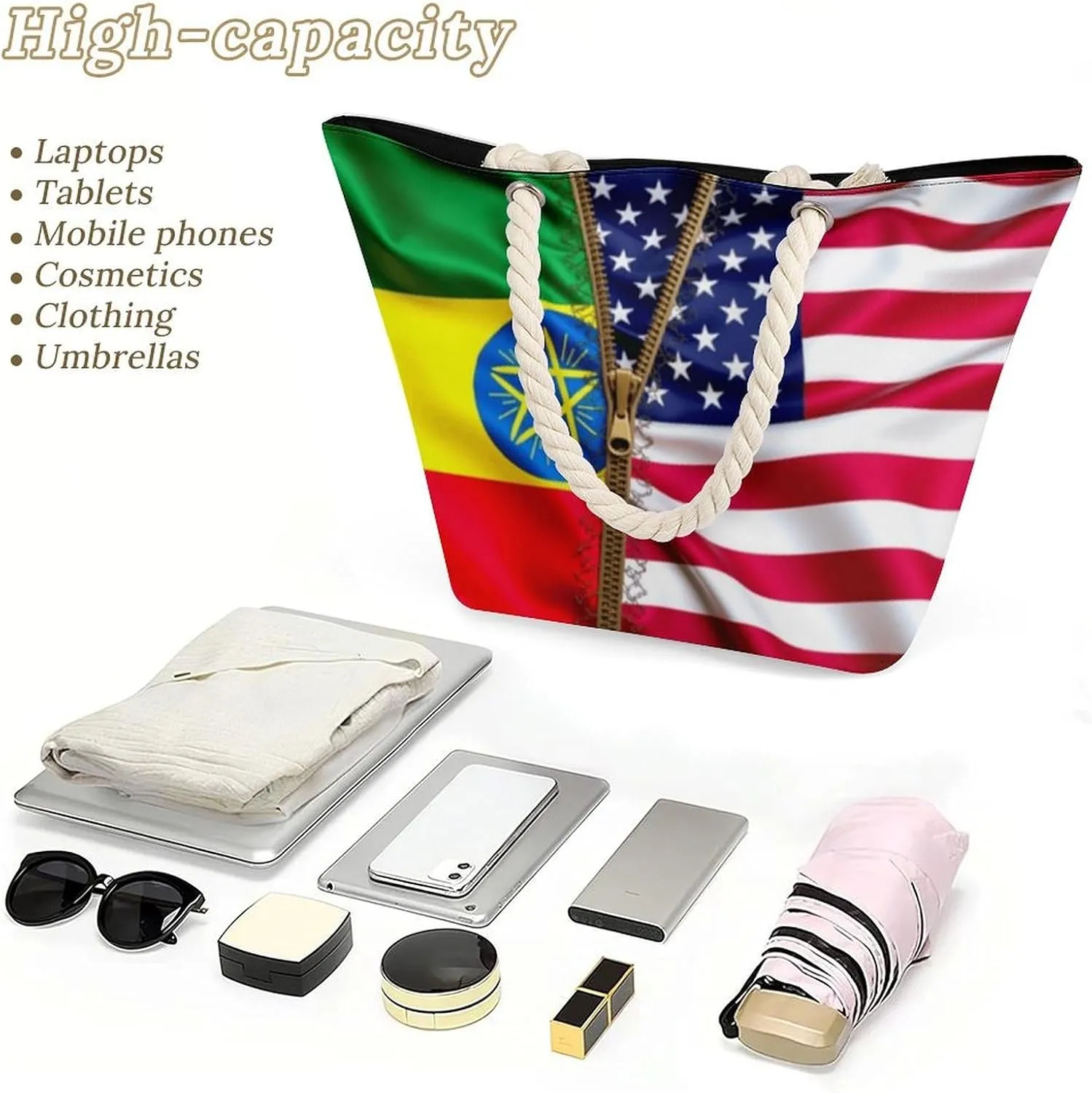 Rope Bag Women Men Beach Tote Bag with Hemp Rope Handle Top Zipper Boat Bag Large Capacity Handbag