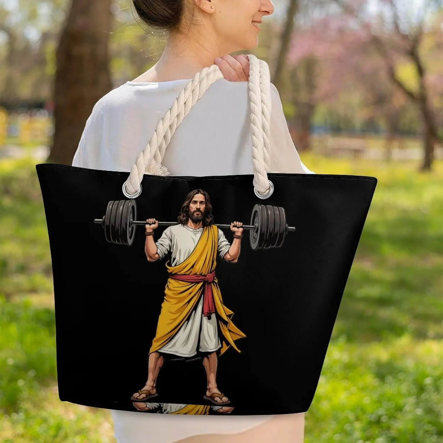 Rope Bag Women Men Beach Tote Bag with Hemp Rope Handle Top Zipper Boat Bag Large Capacity Handbag