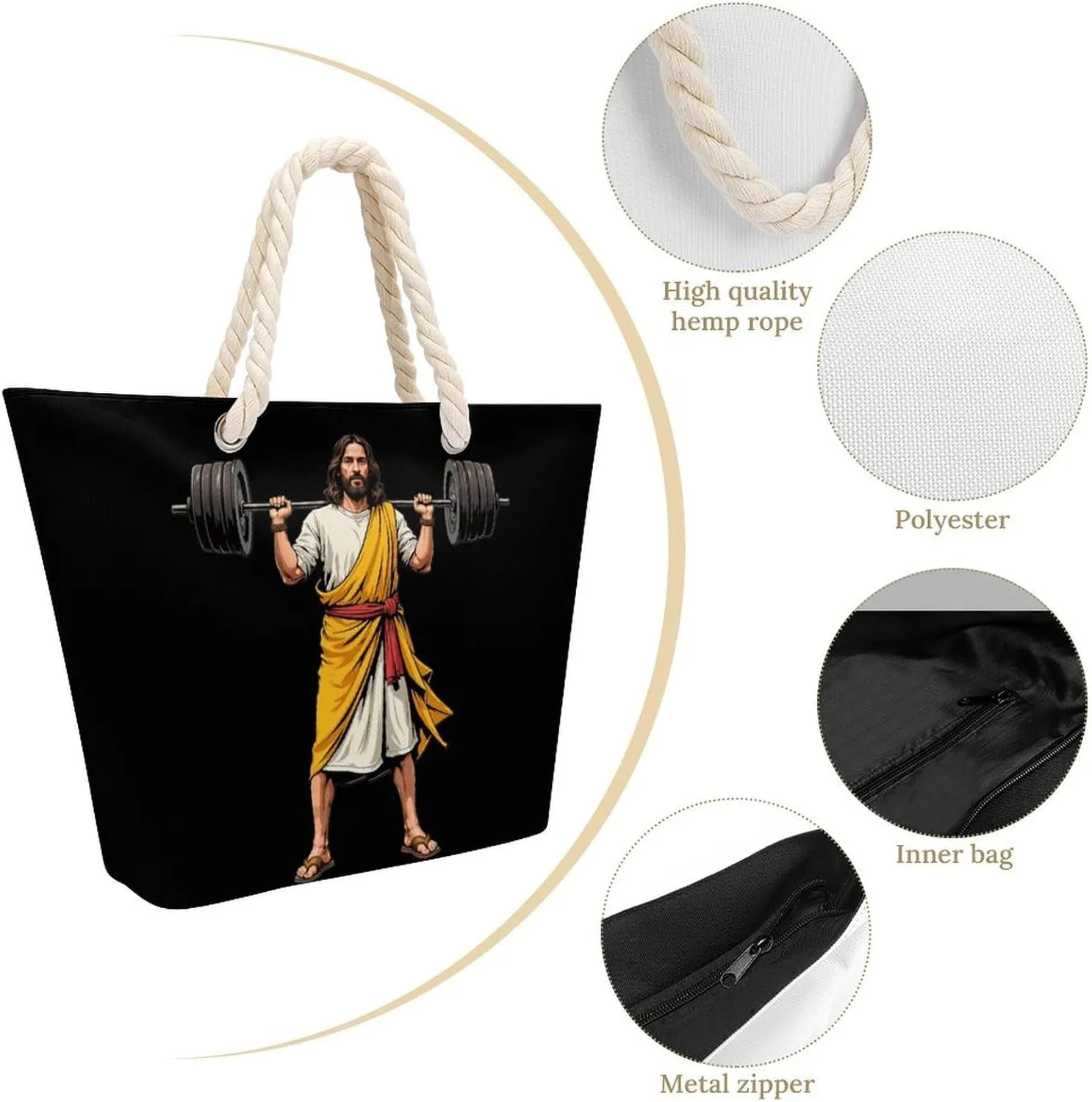 Rope Bag Women Men Beach Tote Bag with Hemp Rope Handle Top Zipper Boat Bag Large Capacity Handbag