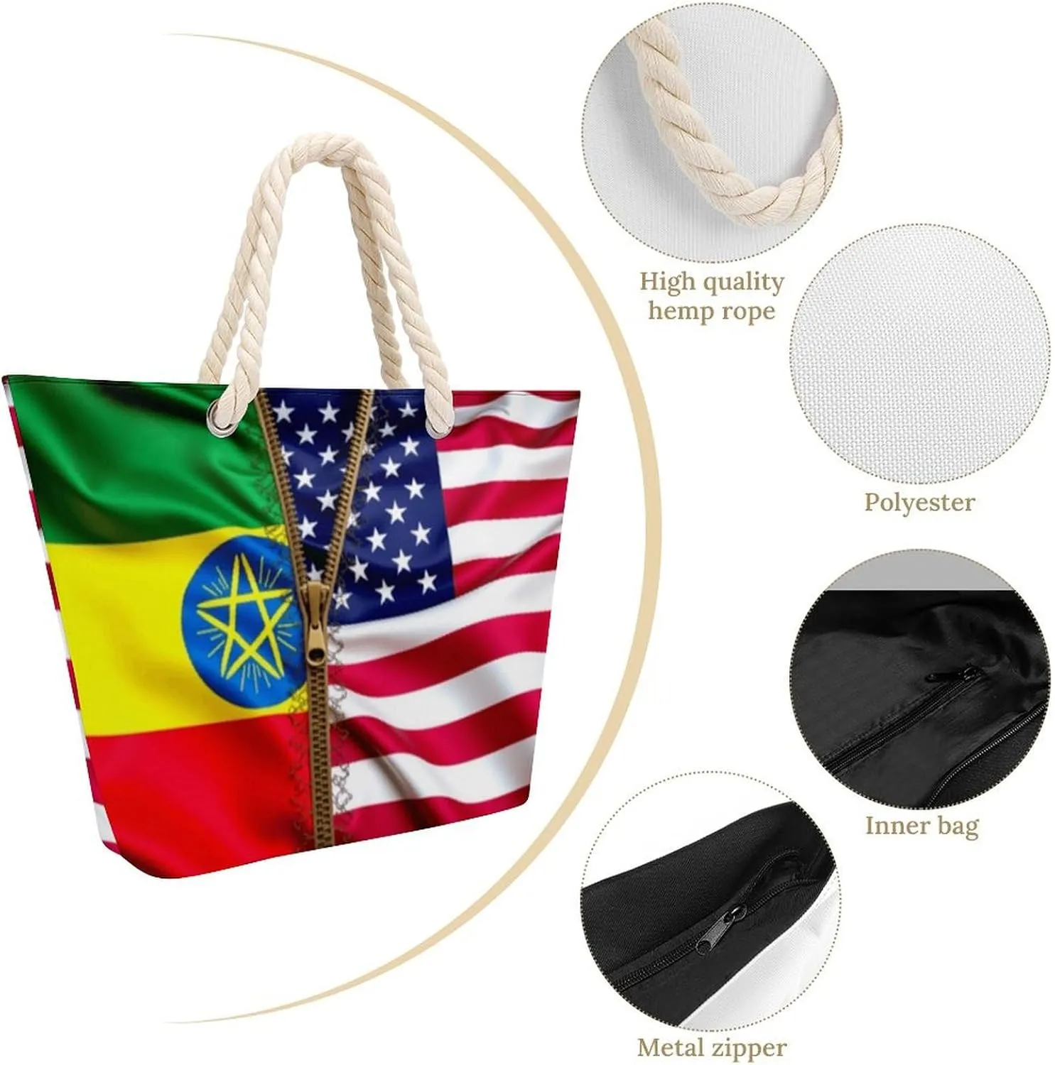 Rope Bag Women Men Beach Tote Bag with Hemp Rope Handle Top Zipper Boat Bag Large Capacity Handbag