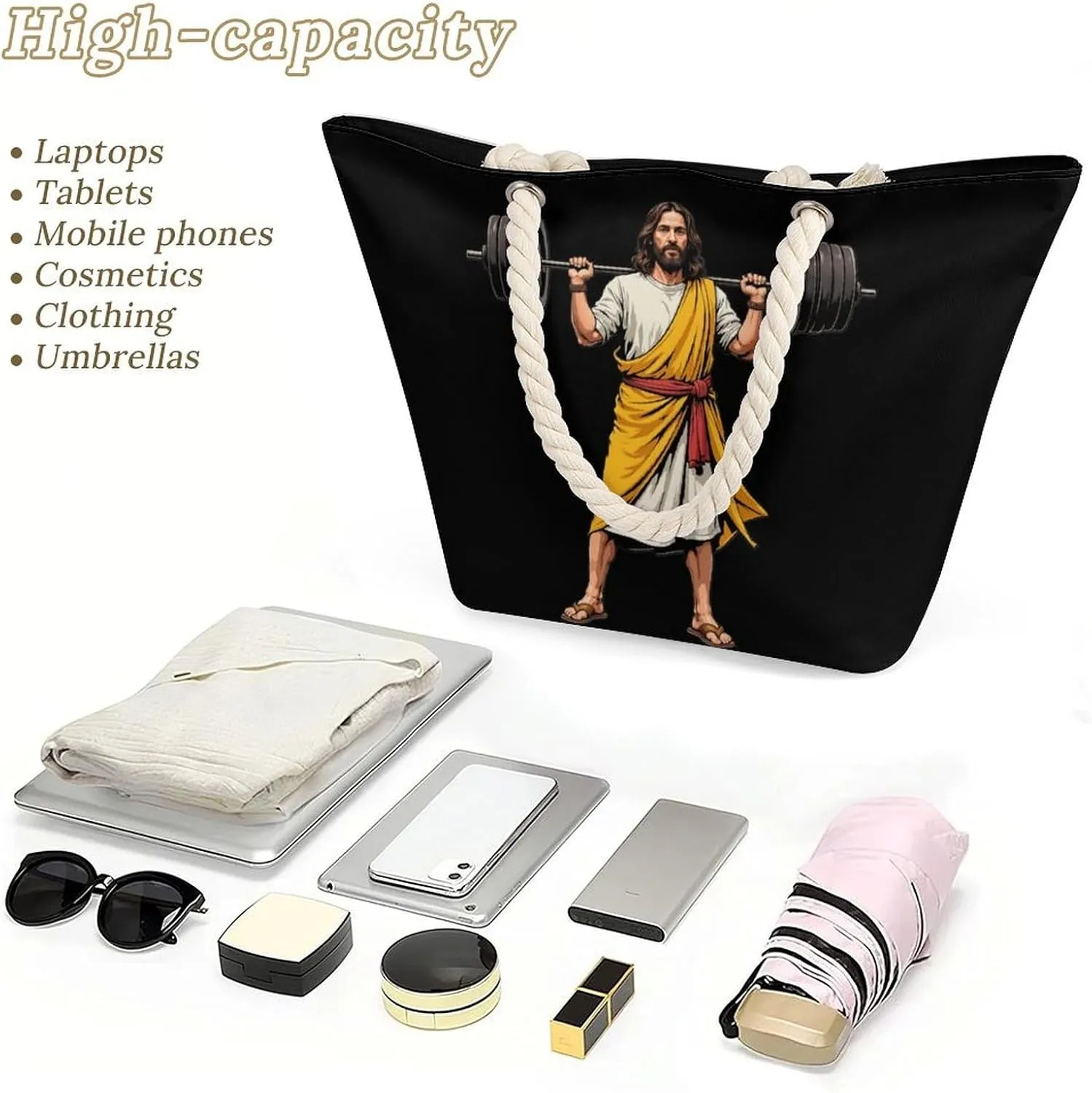 Rope Bag Women Men Beach Tote Bag with Hemp Rope Handle Top Zipper Boat Bag Large Capacity Handbag