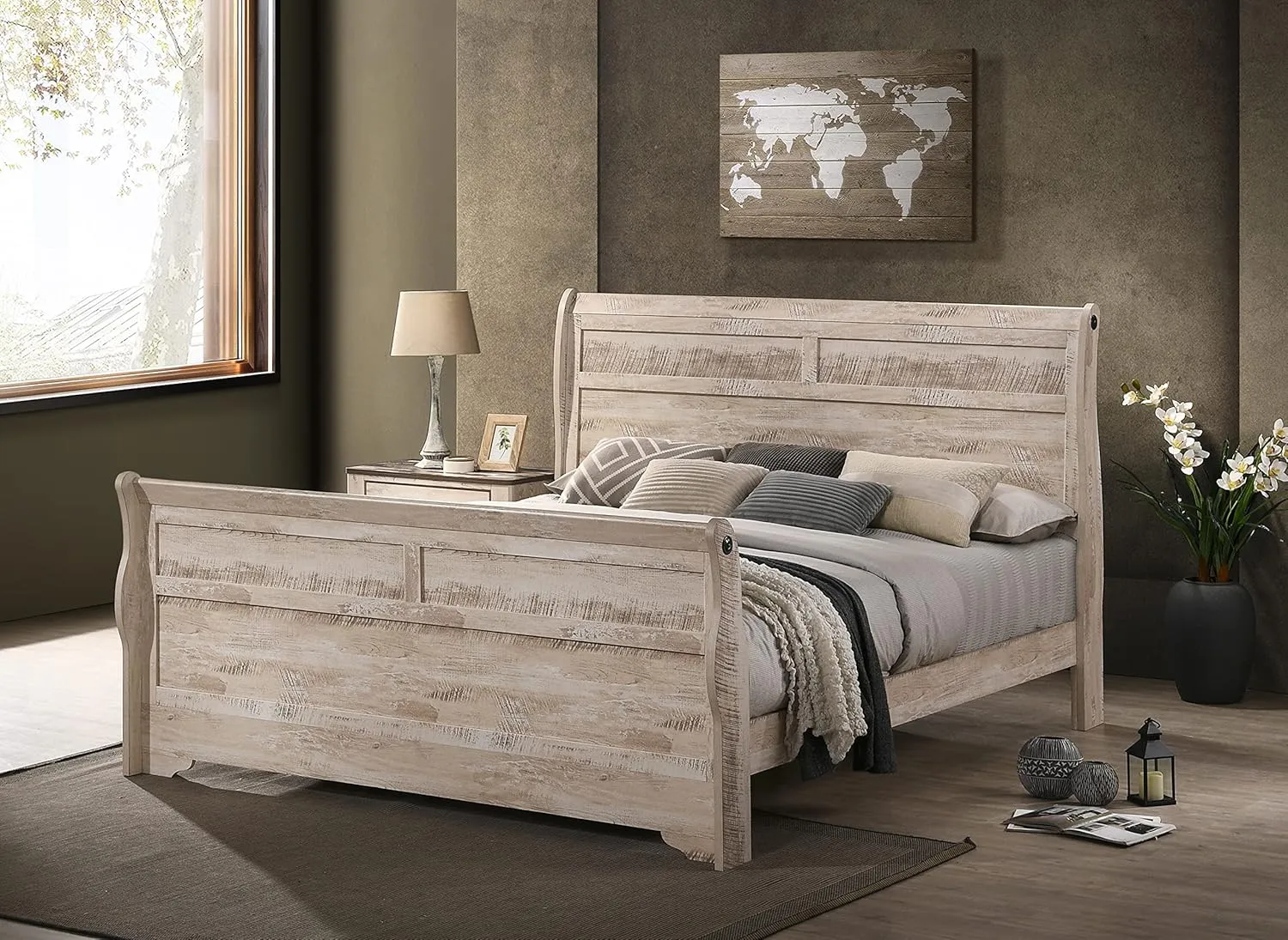 Roundhill Furniture Imerland Bed White-wash Finished 4-Piece Sleigh Headboard Bedroom Set, King