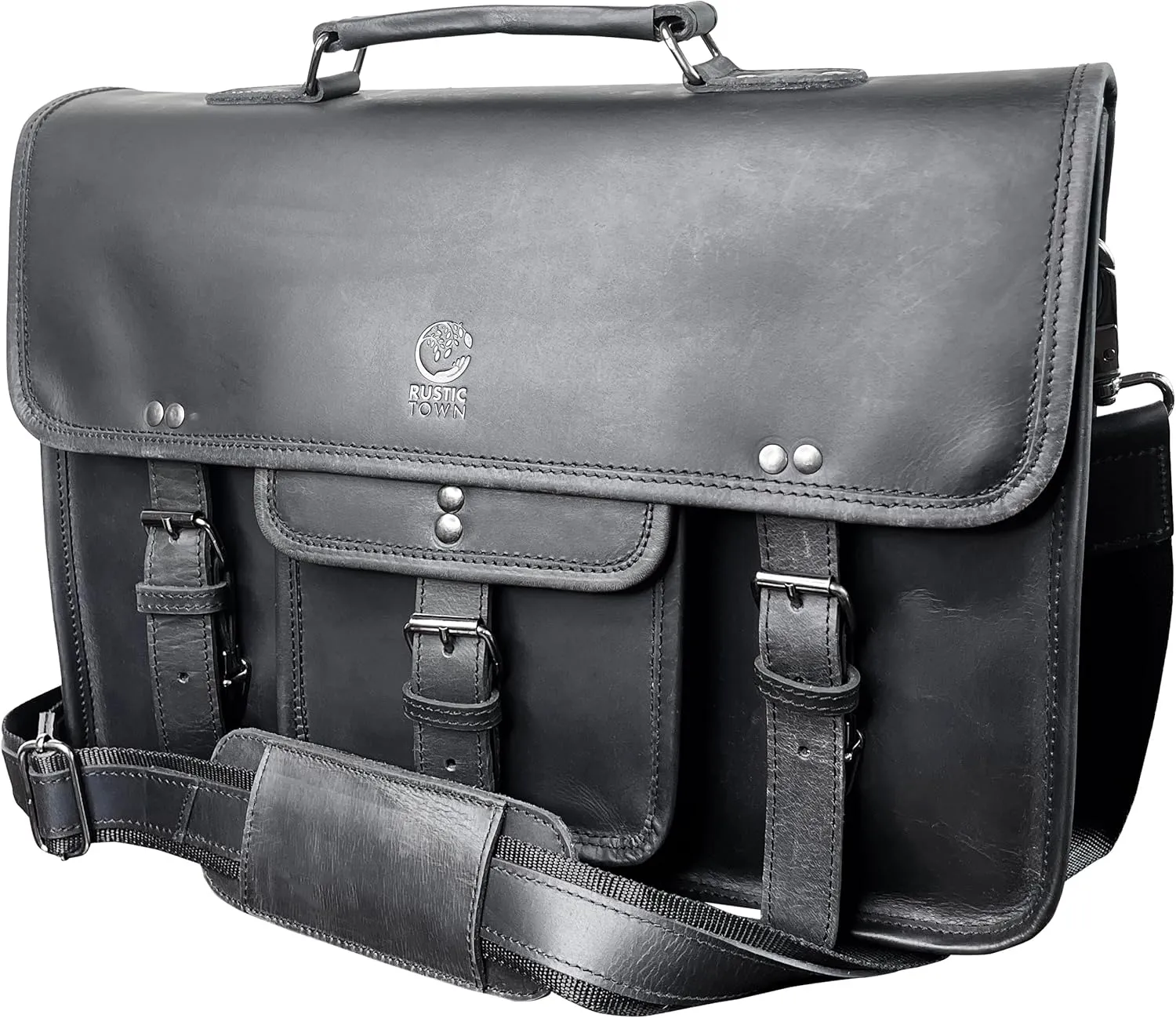 RUSTIC TOWN Leather Messenger Bag for Men - Full Grain Leather Briefcase Laptop Satchel Office Crossbody Travel Bag