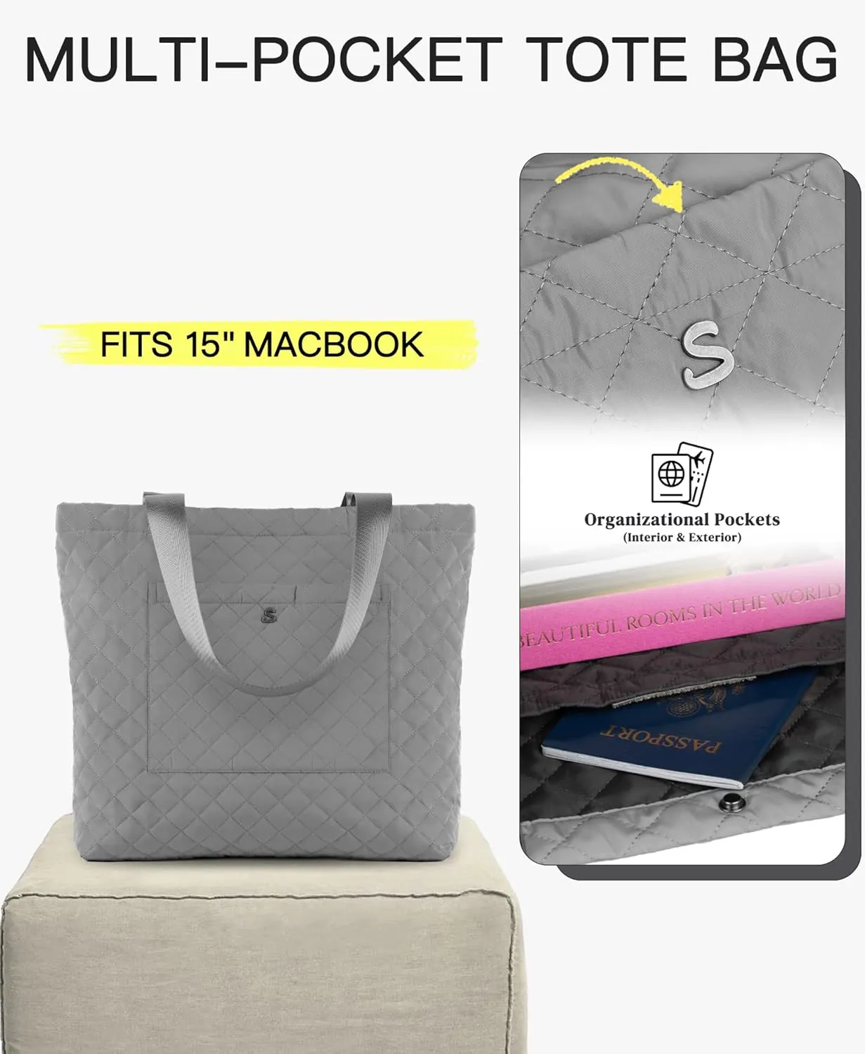 SATINSAINT Large Tote Travel Bag for Women, Lightweight Quilted Carry-All Shoppers Tote for Travel, Work, Gym and Casual Use