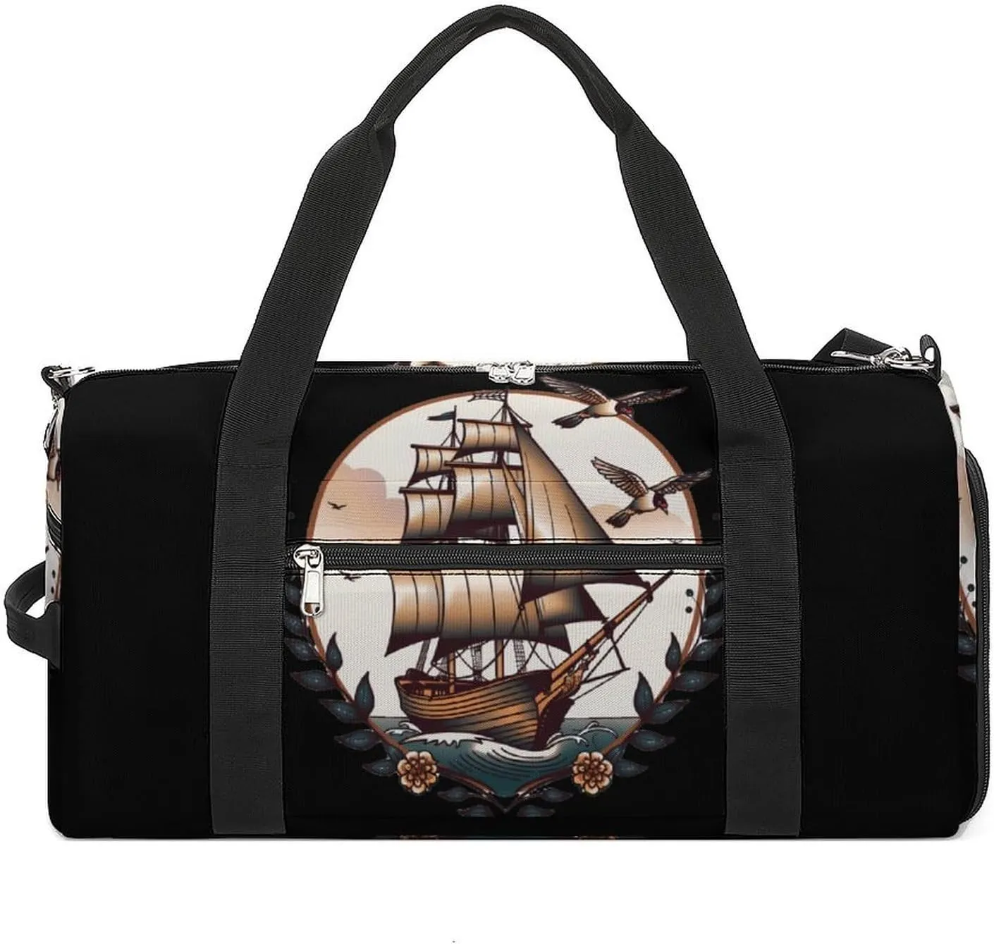 School Sailor Tattoo Clipper Ship And Swallows Sports Gym Bag Lightweight Travel Duffle Bag Carry on Weekender Bags for Women Men