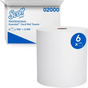 Scott Professional Essential Universal High-Capacity Hard Roll Paper Towels, Bulk (02000), 1.75" Core, White, Compact for Easy Storage (6 Rolls at 950' Each, 5,700'/Case)