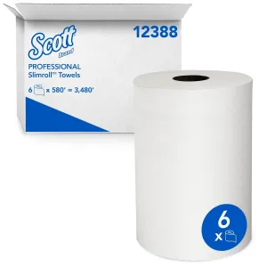 Scott Professional Slimroll Hard Roll Towels, Bulk (12388), Fast-Drying Absorbency Pockets, White, for compatible Kimberly-Clark Professional Dispensers (6 Rolls at 580' Each, 3,480'/Case)