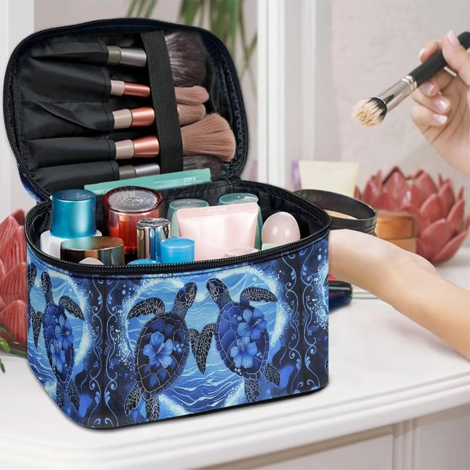 Sea Turtle Makeup Bag for Women Makeup Organizer Travel Case Casual Toiletry Bag with Handle Large Capacity Cosmetic Bag with Top Handle