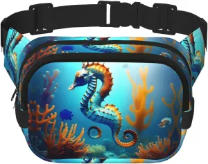 Seabed coral seahorse Pattern trendy fashionable waist bag, unisex travel sports messenger bag