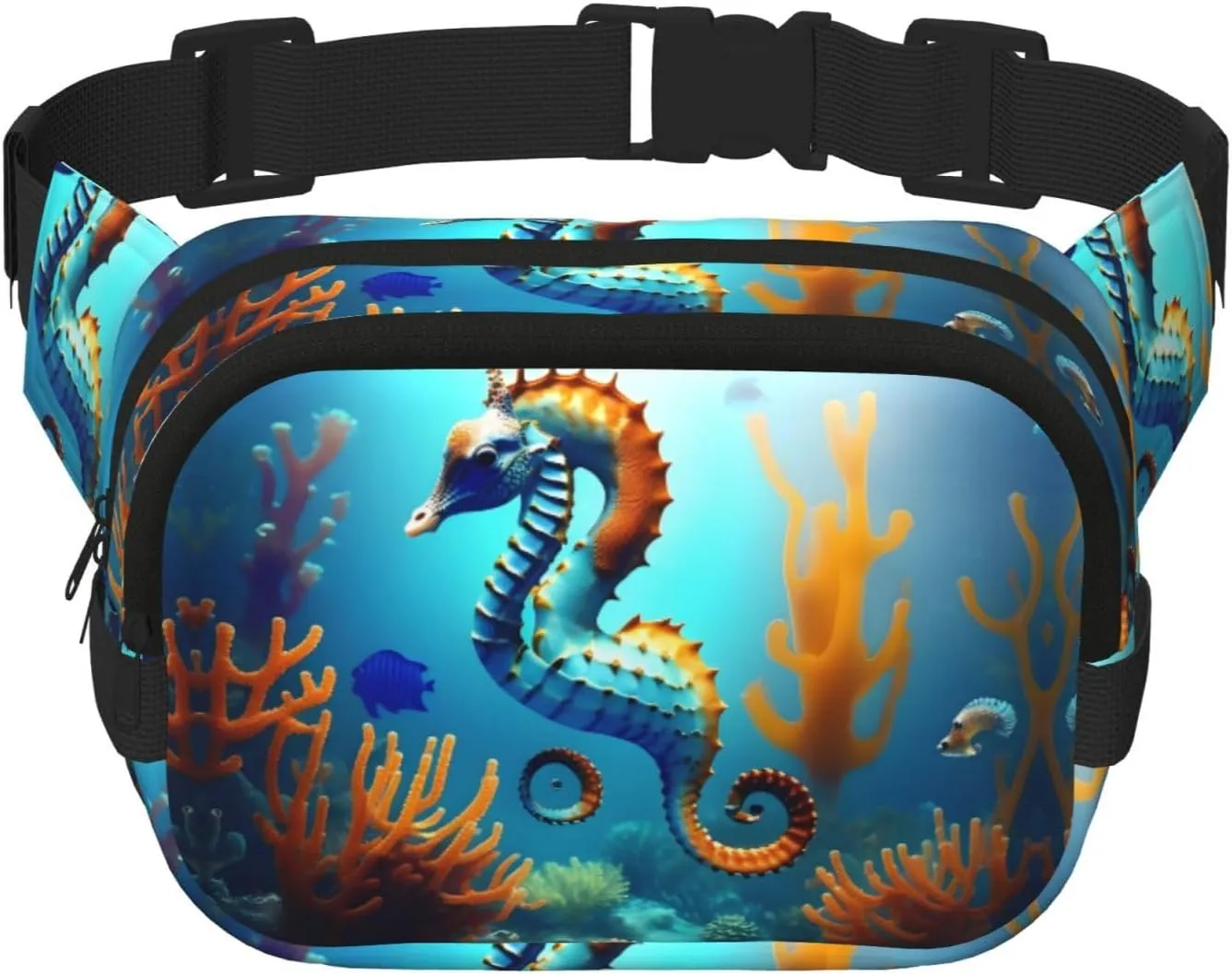 Seabed coral seahorse Pattern trendy fashionable waist bag, unisex travel sports messenger bag