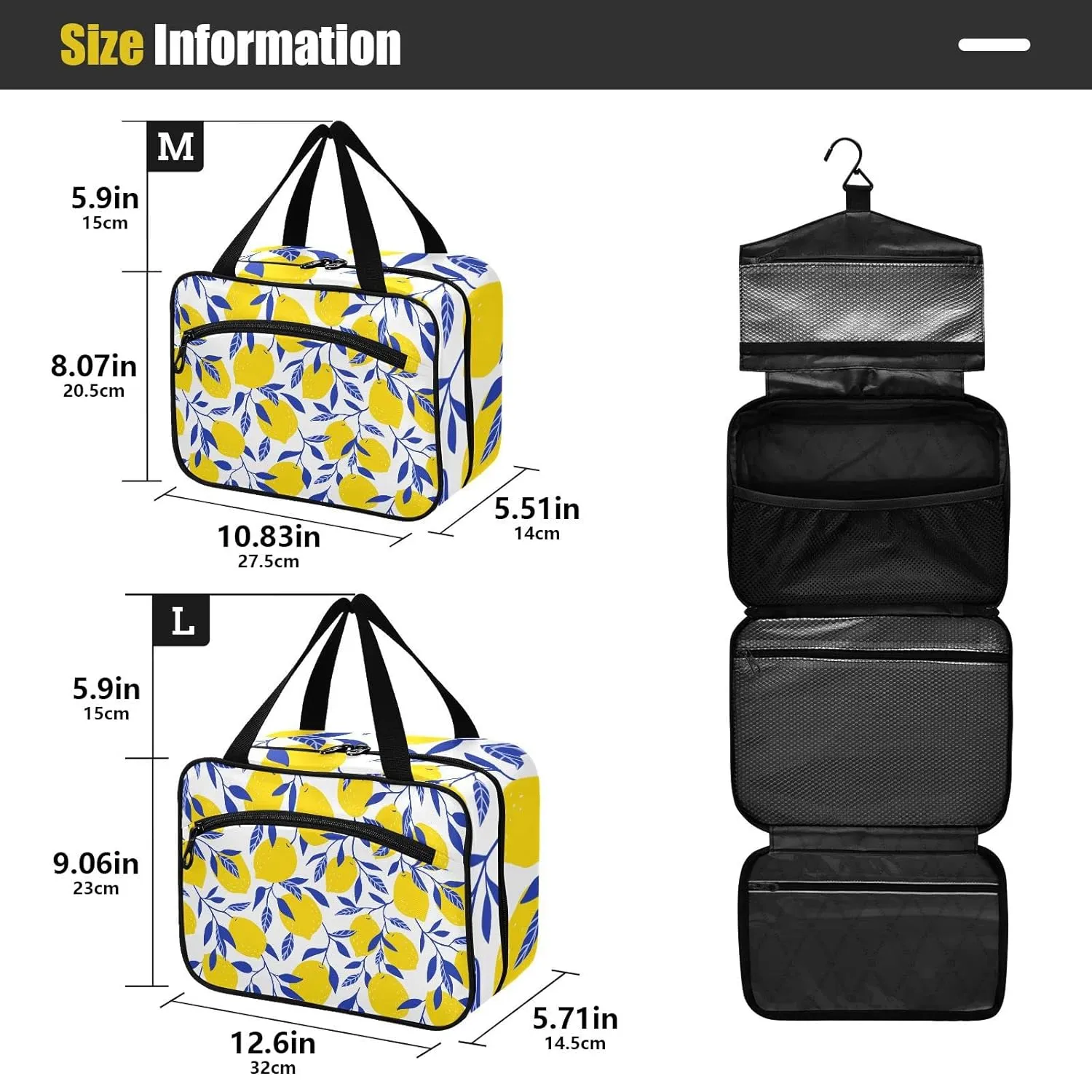 Seamless Tropical Yellow Lemons Blue Leaves on White 1 PC Hanging Travel Wash bag with Handles, Portable Makeup Organizer Brush Storage Case Portable Travel Cosmetic with Hook L
