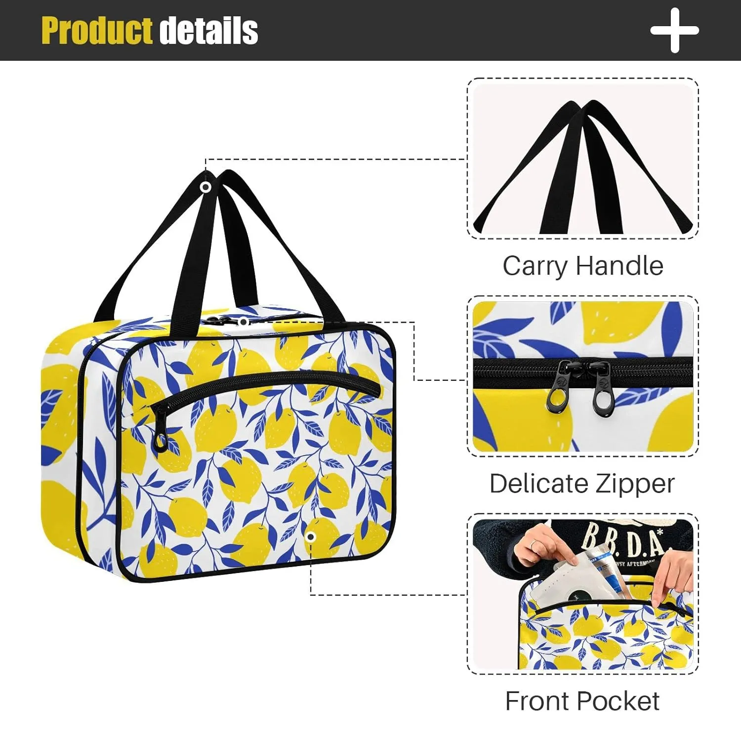 Seamless Tropical Yellow Lemons Blue Leaves on White 1 PC Hanging Travel Wash bag with Handles, Portable Makeup Organizer Brush Storage Case Portable Travel Cosmetic with Hook L
