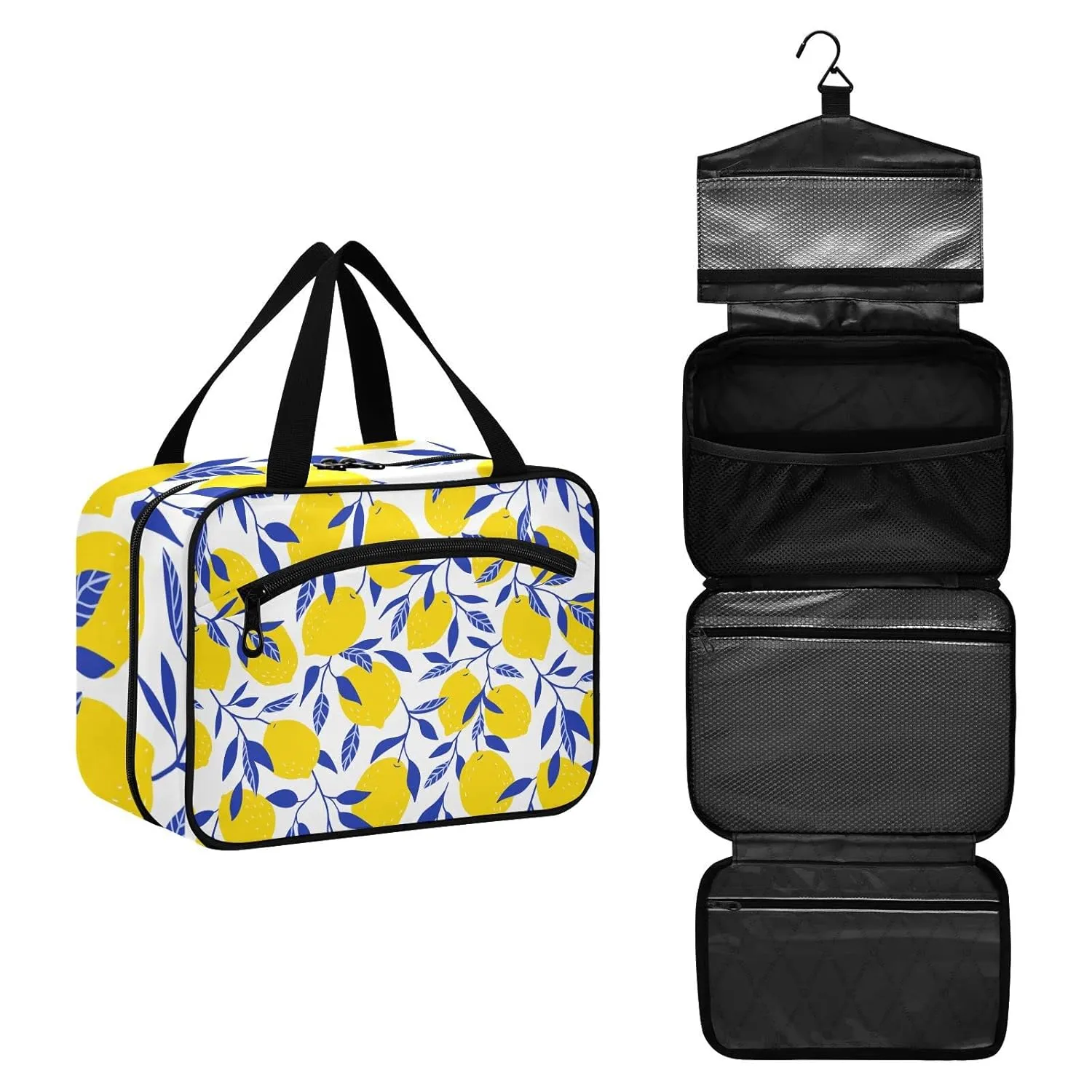 Seamless Tropical Yellow Lemons Blue Leaves on White 1 PC Hanging Travel Wash bag with Handles, Portable Makeup Organizer Brush Storage Case Portable Travel Cosmetic with Hook L