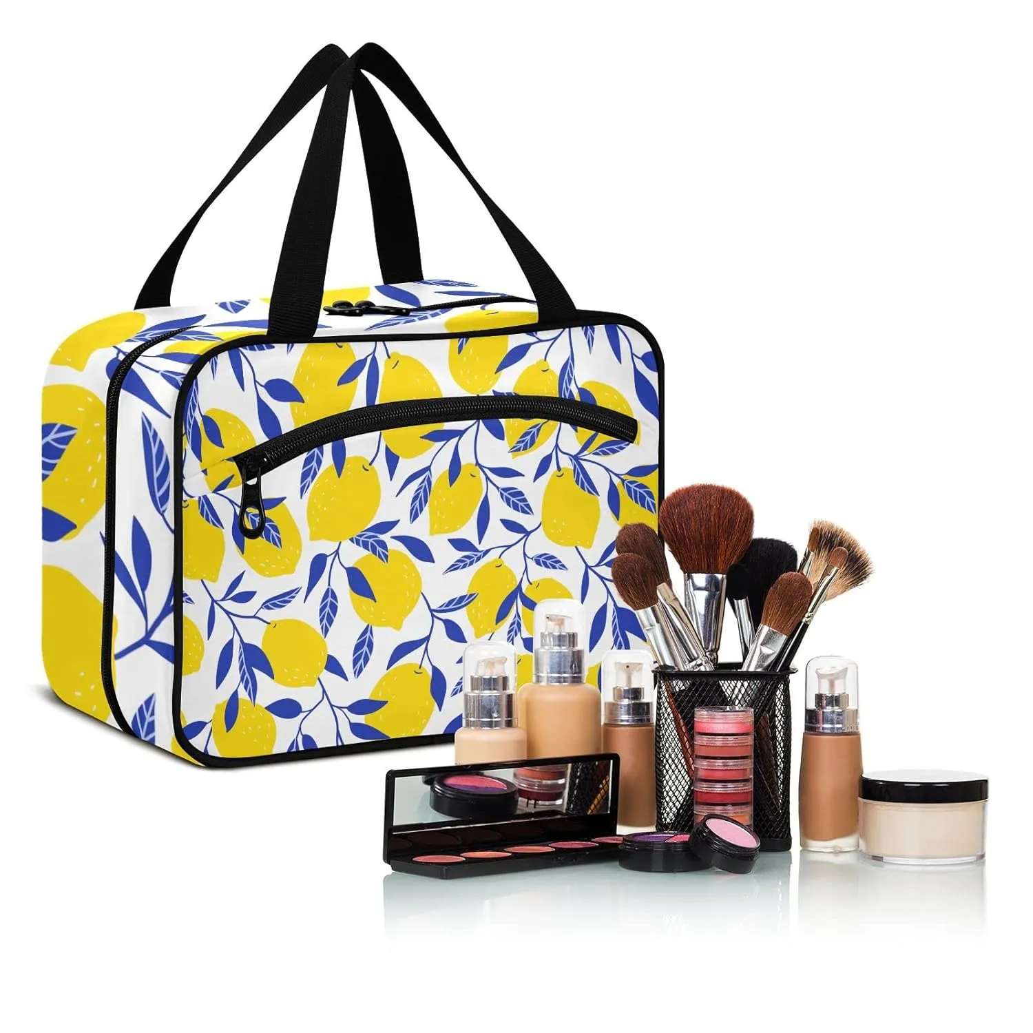 Seamless Tropical Yellow Lemons Blue Leaves on White 1 PC Hanging Travel Wash bag with Handles, Portable Makeup Organizer Brush Storage Case Portable Travel Cosmetic with Hook L