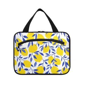 Seamless Tropical Yellow Lemons Blue Leaves on White 1 PC Hanging Travel Wash bag with Handles, Portable Makeup Organizer Brush Storage Case Portable Travel Cosmetic with Hook L