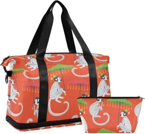 Seamless Vintage White Monkeys with Green Umbrella on Red Gym Duffel Bag, Polyester Travel Weekender Luggage Handbag with Waterproof Pocket for Wet Items, Unisex Foldable Tote for Sports