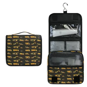 Seamless Yellow Construction Machinery Trucks, Crane, Loader on Dark Travel Cosmetic Bag, Hanging Toiletry Wash bag, Portable Makeup Organizer Brush Case, Storage Bag with Hook for Bathroom Toilet