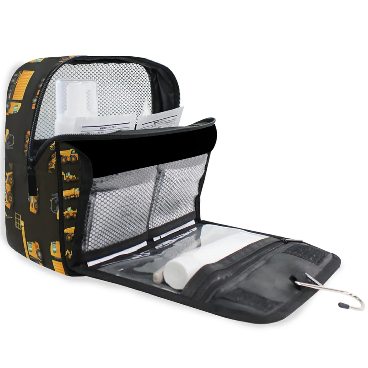 Seamless Yellow Construction Machinery Trucks, Crane, Loader on Dark Travel Cosmetic Bag, Hanging Toiletry Wash bag, Portable Makeup Organizer Brush Case, Storage Bag with Hook for Bathroom Toilet