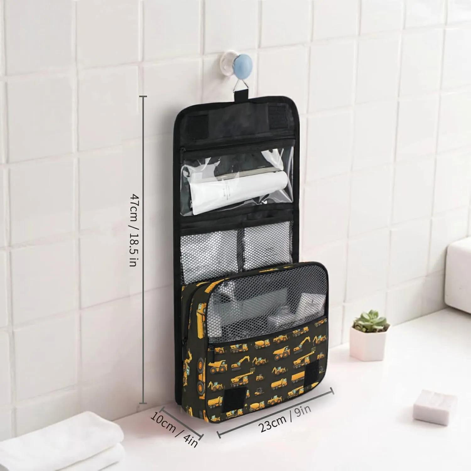 Seamless Yellow Construction Machinery Trucks, Crane, Loader on Dark Travel Cosmetic Bag, Hanging Toiletry Wash bag, Portable Makeup Organizer Brush Case, Storage Bag with Hook for Bathroom Toilet