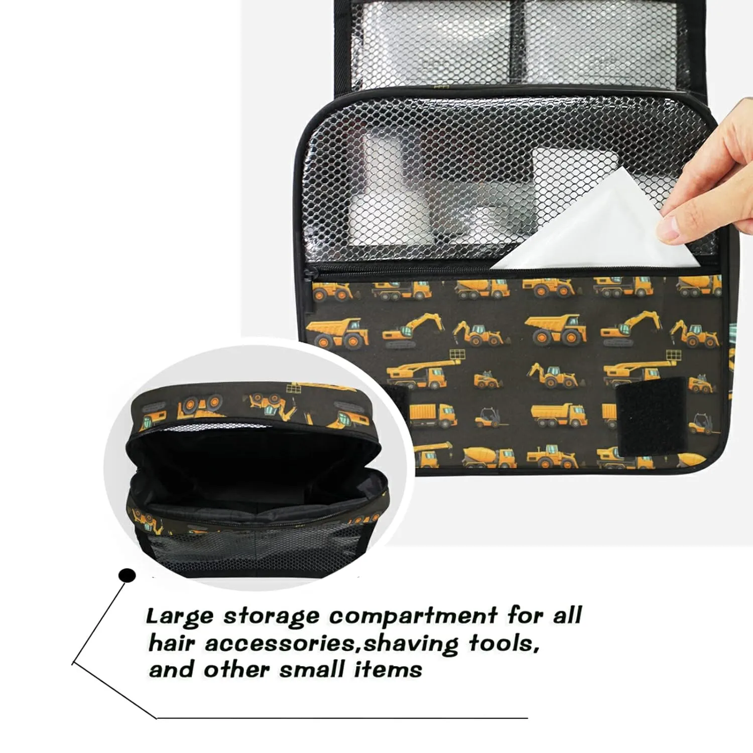 Seamless Yellow Construction Machinery Trucks, Crane, Loader on Dark Travel Cosmetic Bag, Hanging Toiletry Wash bag, Portable Makeup Organizer Brush Case, Storage Bag with Hook for Bathroom Toilet