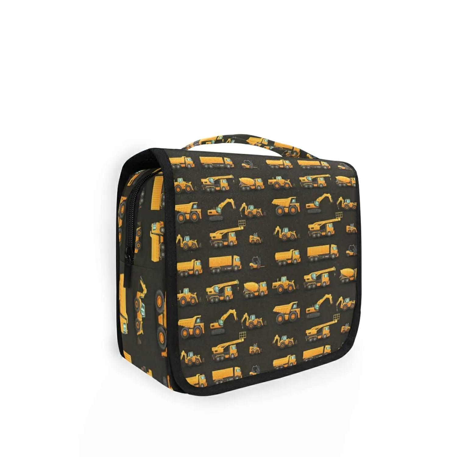 Seamless Yellow Construction Machinery Trucks, Crane, Loader on Dark Travel Cosmetic Bag, Hanging Toiletry Wash bag, Portable Makeup Organizer Brush Case, Storage Bag with Hook for Bathroom Toilet