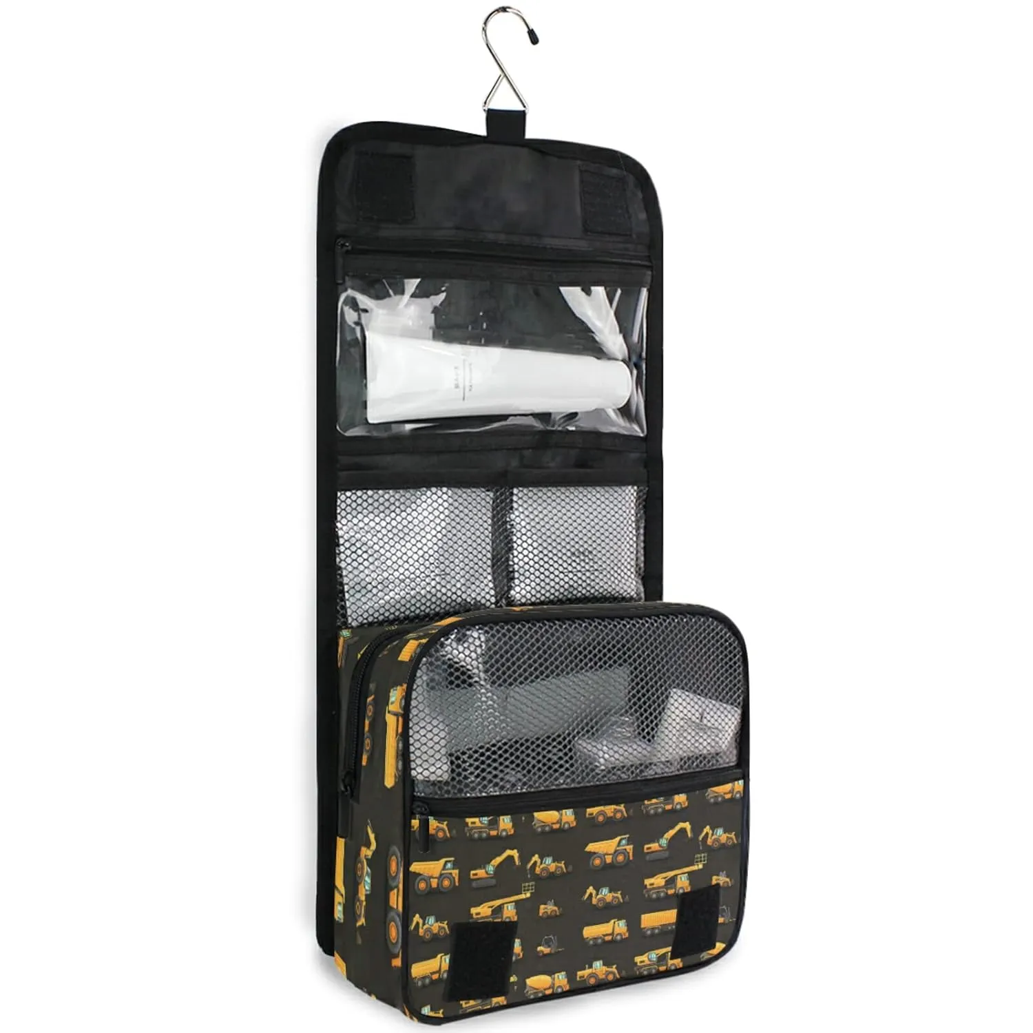 Seamless Yellow Construction Machinery Trucks, Crane, Loader on Dark Travel Cosmetic Bag, Hanging Toiletry Wash bag, Portable Makeup Organizer Brush Case, Storage Bag with Hook for Bathroom Toilet