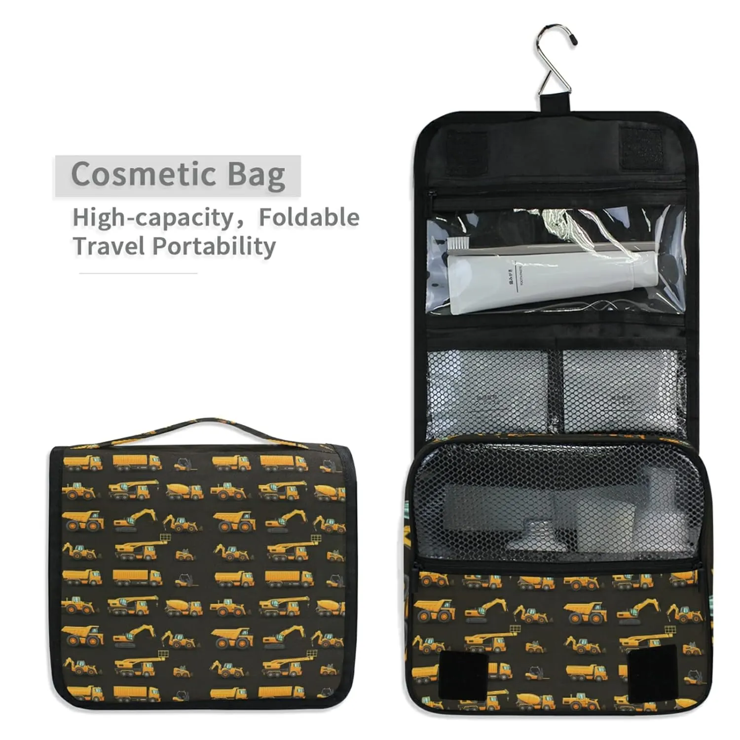 Seamless Yellow Construction Machinery Trucks, Crane, Loader on Dark Travel Cosmetic Bag, Hanging Toiletry Wash bag, Portable Makeup Organizer Brush Case, Storage Bag with Hook for Bathroom Toilet