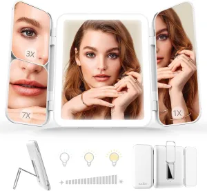 Sejoy Travel Makeup Vanity Mirror, 64 LED Lighted Makeup Mirror with 1X 3X 7X Magnification, Tri-Fold Portable Magnifying Mirror with Touch Sensor 3 Color Modes Dimmable Light, USB Rechargeable,White