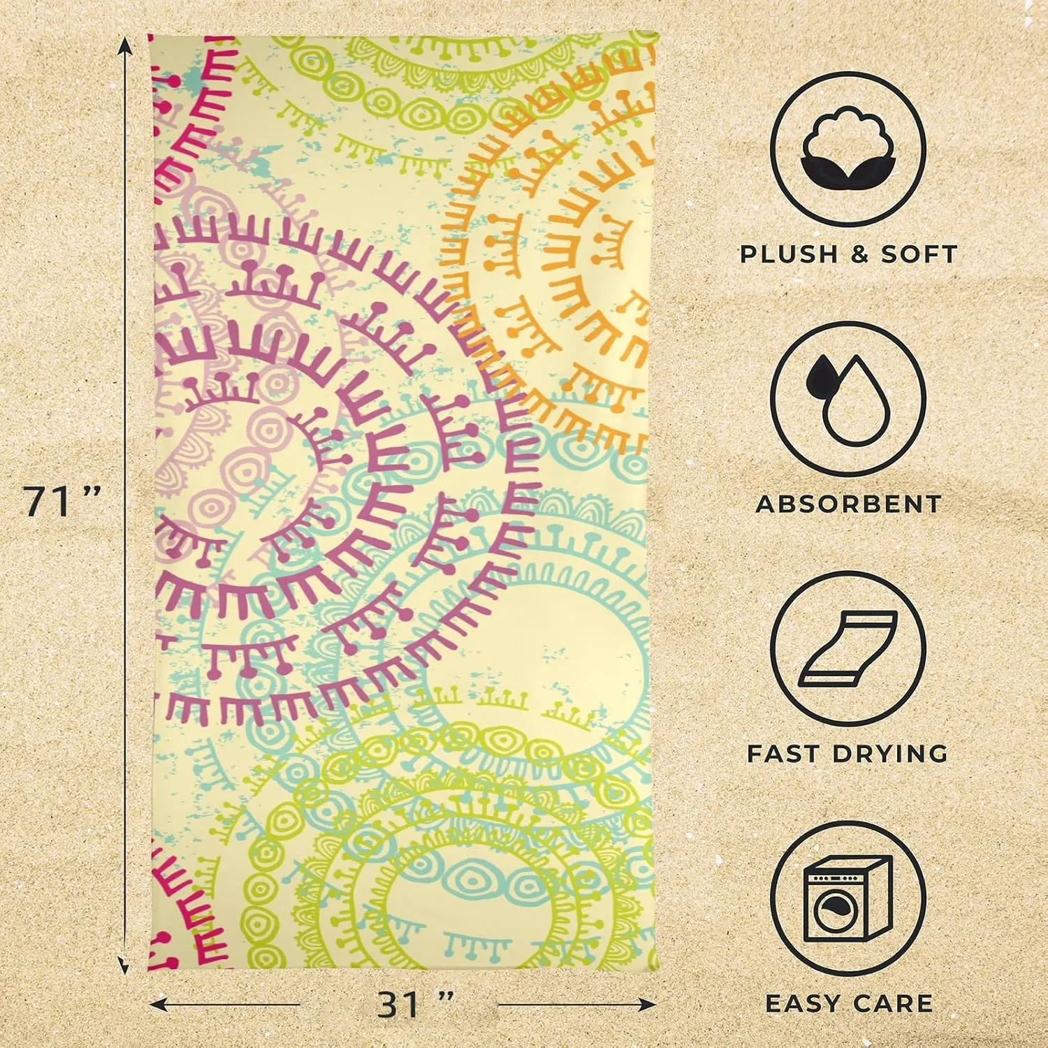 senya Beach Towel Beach Blanket Mat 71”x 31” Bright Ethnic Mandala Pool Towel Portable for Beach Festival Picnic Travel Outdoor Camping
