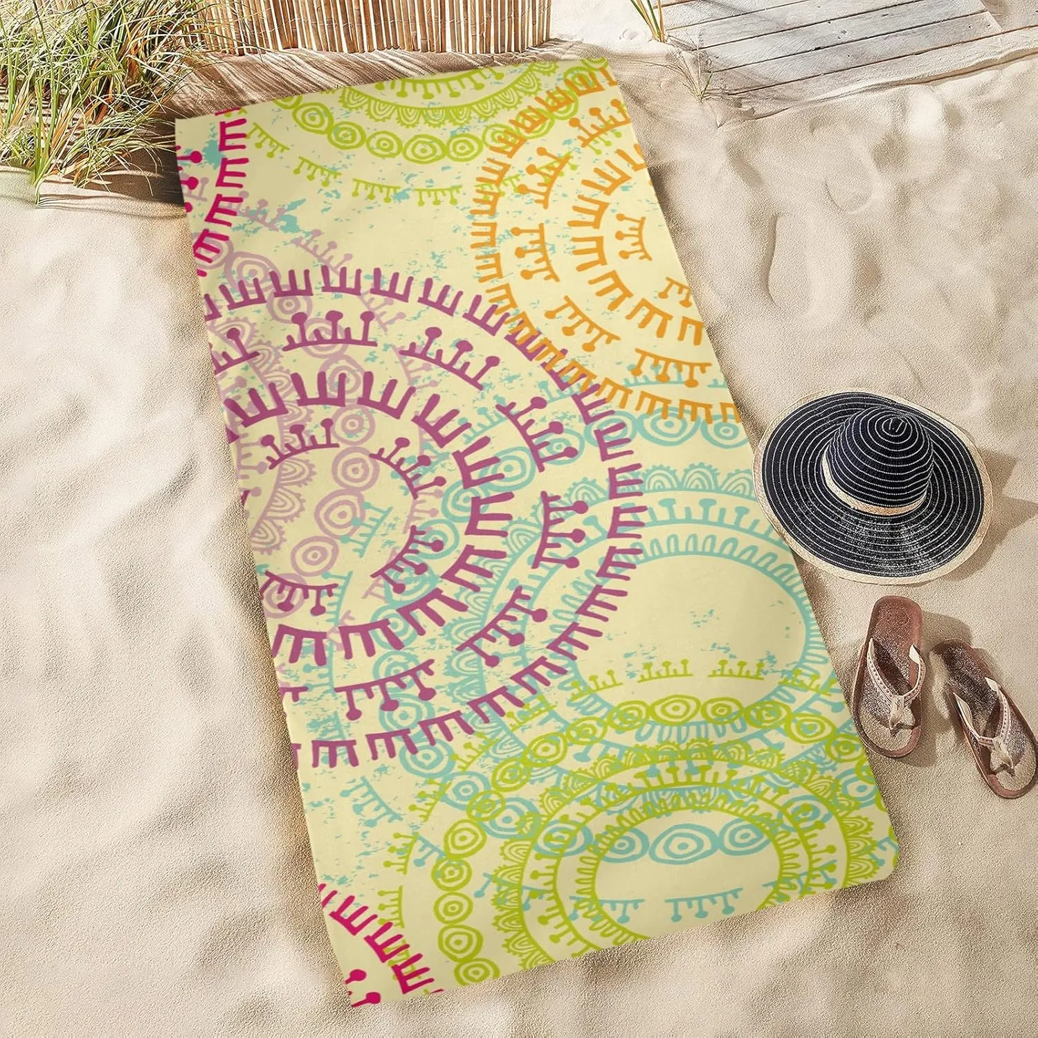 senya Beach Towel Beach Blanket Mat 71”x 31” Bright Ethnic Mandala Pool Towel Portable for Beach Festival Picnic Travel Outdoor Camping