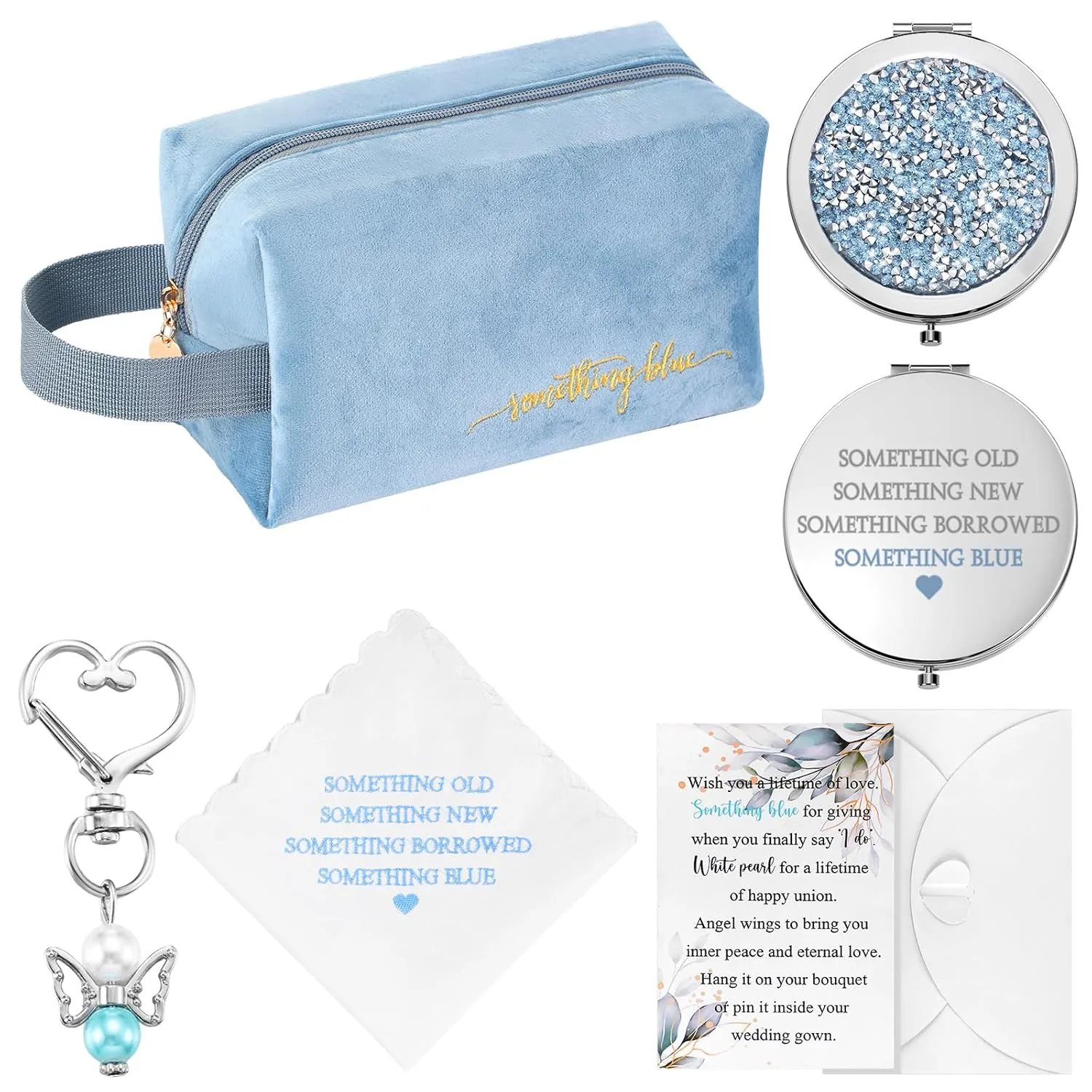 Set of 6 Something Blue Wedding Gift for Bride Wedding Embroidered Handkerchief Angel Bouquet Charm Something Blue Bridal Cosmetic Bag Diamond Compact Mirror Greenery Card with Envelope Gift to Bride