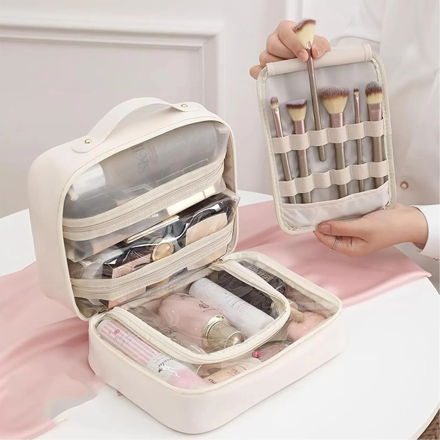 Setpatient Multi-Compartment Toiletry Cosmetics Bag, PU Leather Large Capacity Portable Consulbefor Bag with Multiple Pockets, Makeup Travel Storage Bag for Women Girls (Beige)