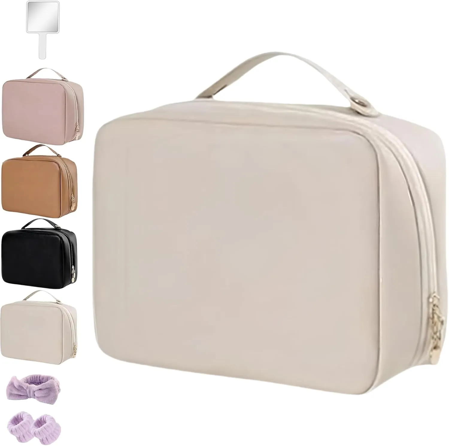 Setpatient Multi-Compartment Toiletry Cosmetics Bag, PU Leather Large Capacity Portable Consulbefor Bag with Multiple Pockets, Makeup Travel Storage Bag for Women Girls (Beige)