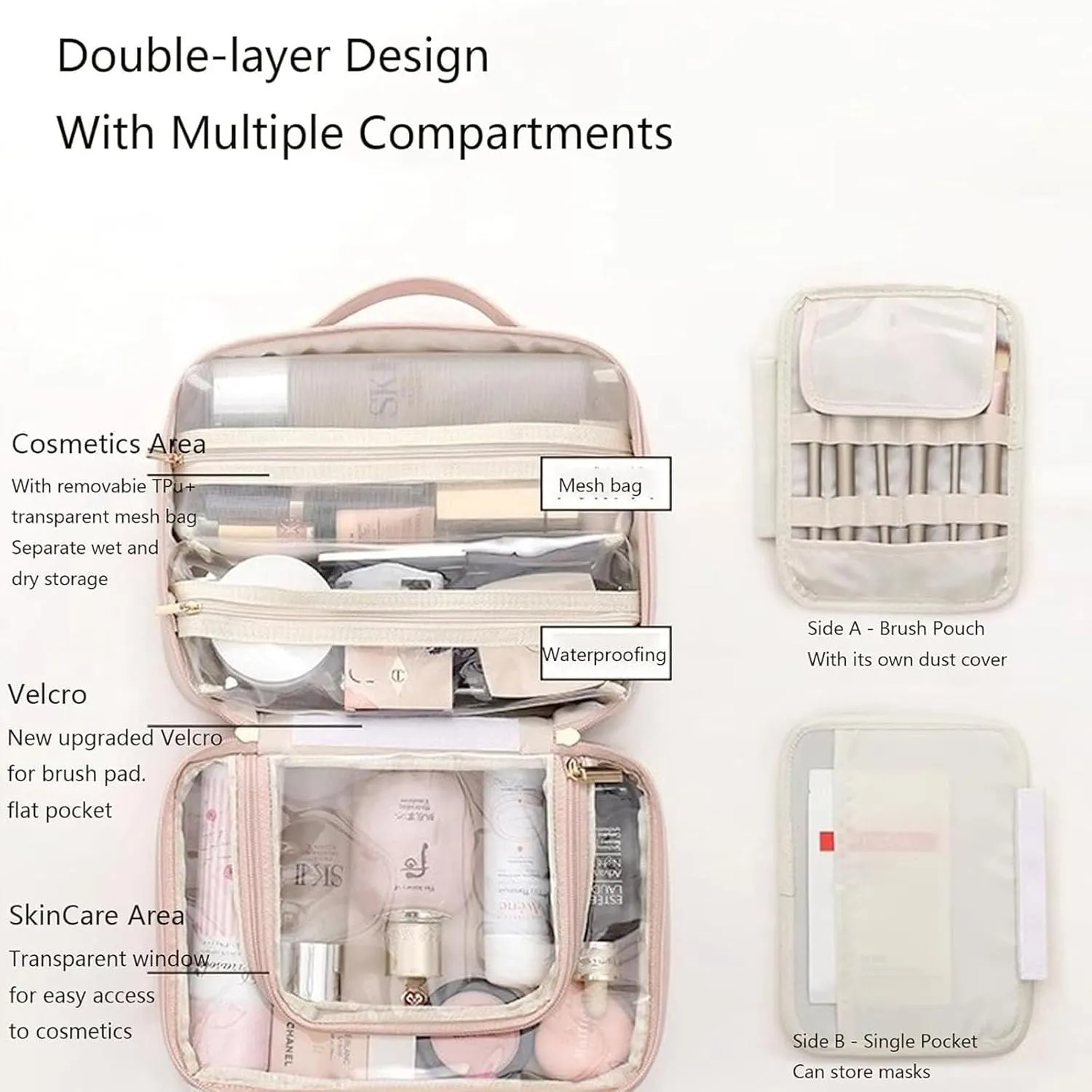 Setpatient Multi-Compartment Toiletry Cosmetics Bag, PU Leather Large Capacity Portable Consulbefor Bag with Multiple Pockets, Makeup Travel Storage Bag for Women Girls (Beige)