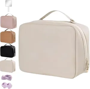 Setpatient Multi-Compartment Toiletry Cosmetics Bag, PU Leather Large Capacity Portable Consulbefor Bag with Multiple Pockets, Makeup Travel Storage Bag for Women Girls (Beige)