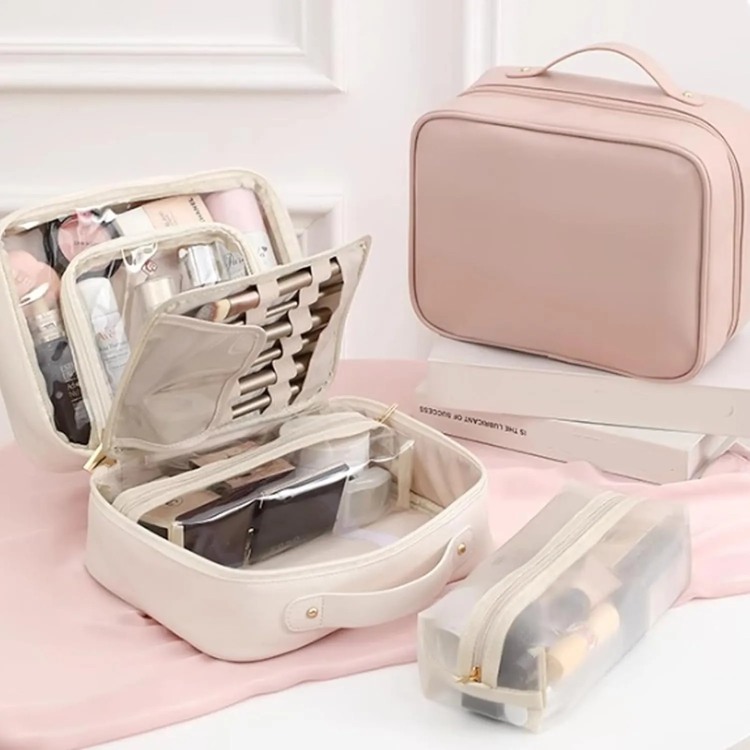 Setpatient Multi-Compartment Toiletry Cosmetics Bag, PU Leather Large Capacity Portable Consulbefor Bag with Multiple Pockets, Makeup Travel Storage Bag for Women Girls (Beige)