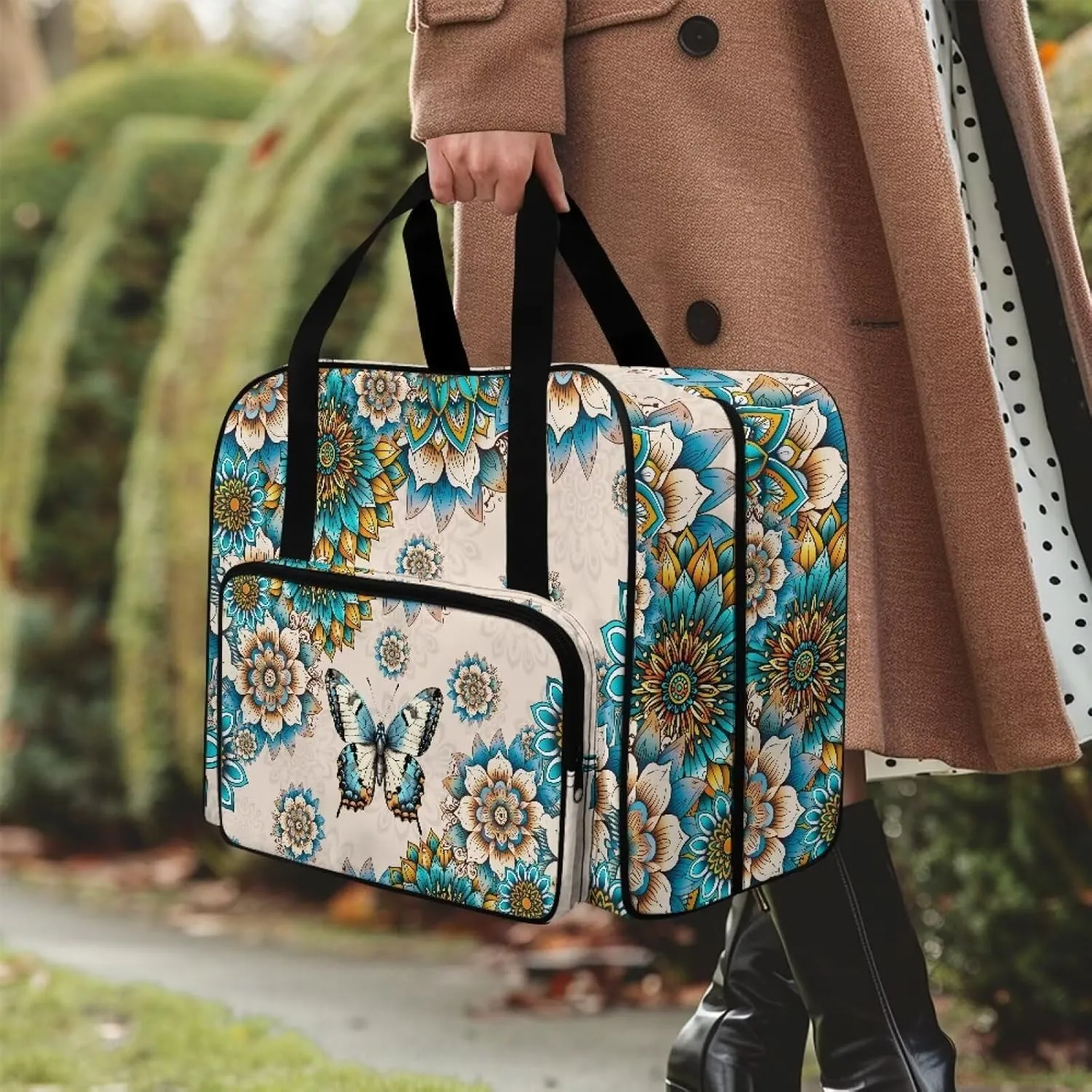 Sewing Machine Carrying Case Large Capacity Sewing Machine Handbag with Front Poket and Comfotable Handle Compatible with Most Sewing Machines, Boho Mandala Floral Butterfly Print