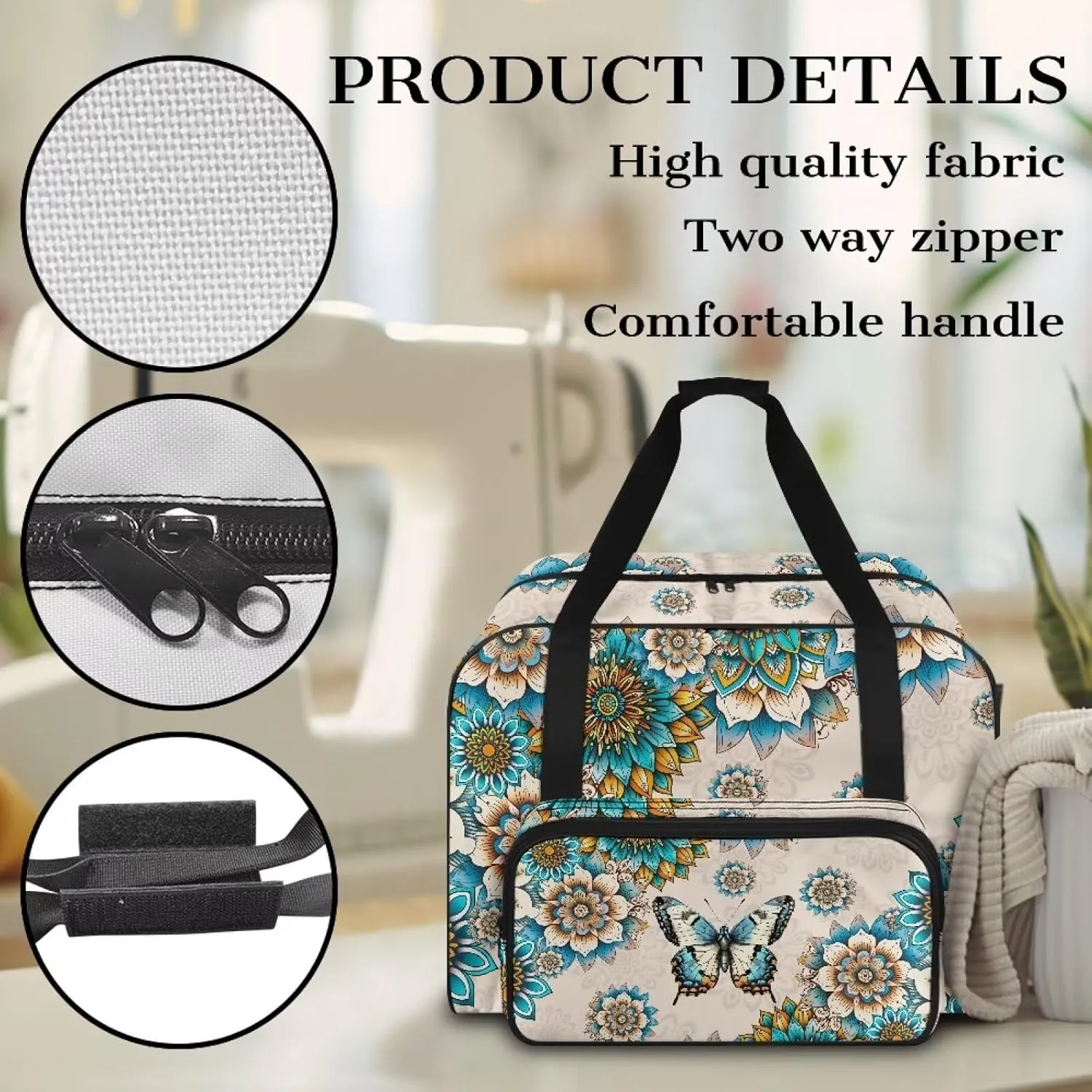 Sewing Machine Carrying Case Large Capacity Sewing Machine Handbag with Front Poket and Comfotable Handle Compatible with Most Sewing Machines, Boho Mandala Floral Butterfly Print