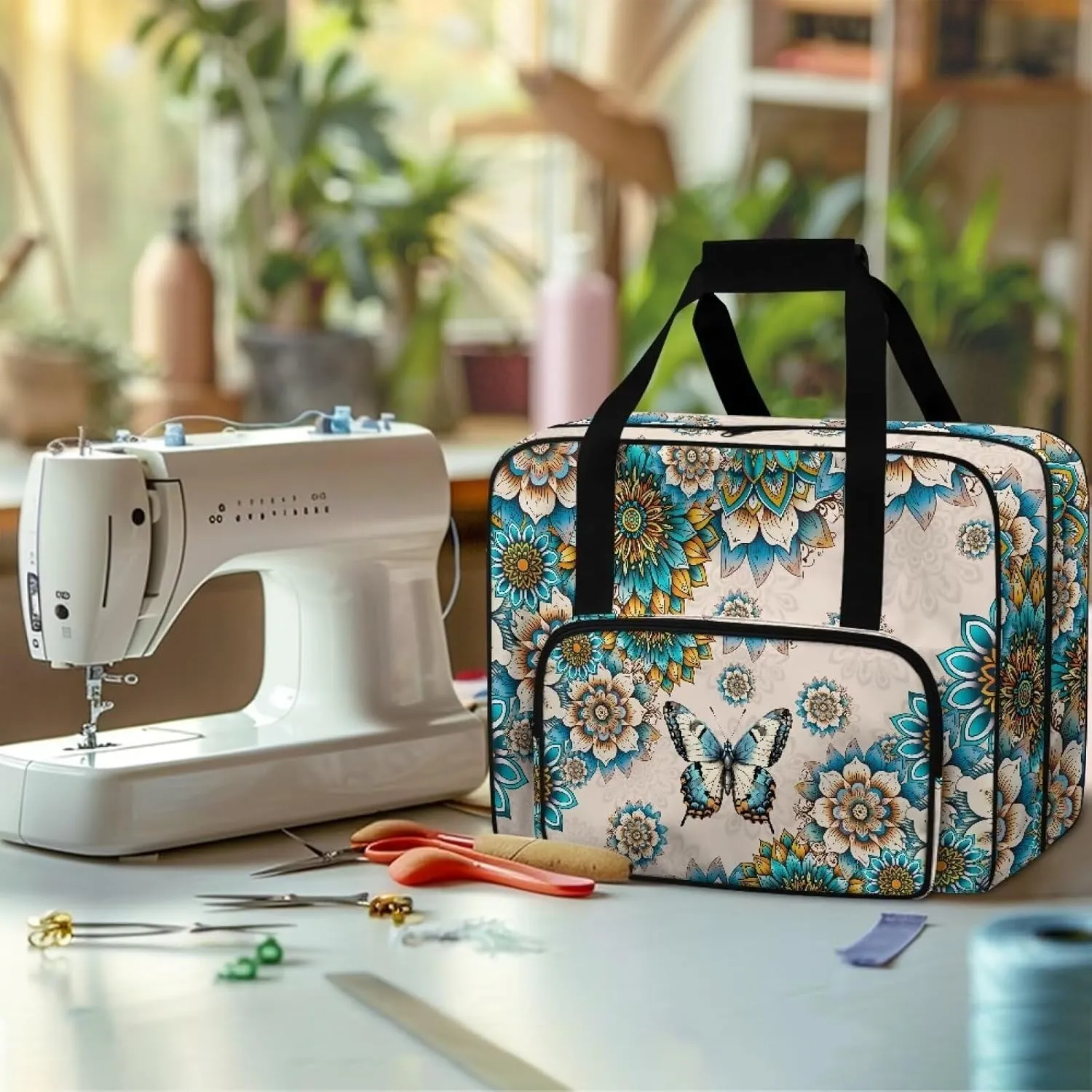 Sewing Machine Carrying Case Large Capacity Sewing Machine Handbag with Front Poket and Comfotable Handle Compatible with Most Sewing Machines, Boho Mandala Floral Butterfly Print
