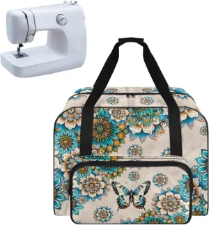 Sewing Machine Carrying Case Large Capacity Sewing Machine Handbag with Front Poket and Comfotable Handle Compatible with Most Sewing Machines, Boho Mandala Floral Butterfly Print