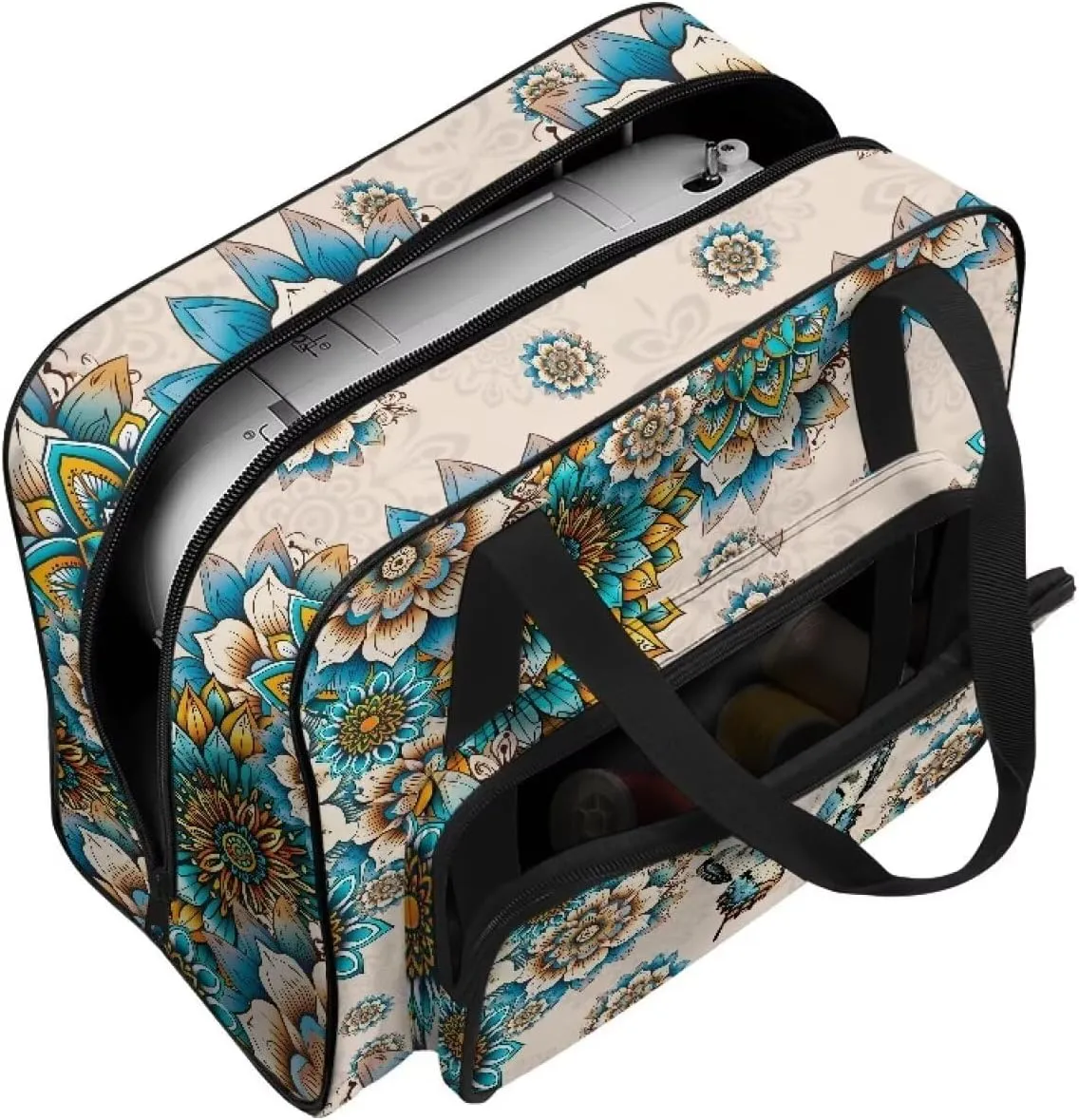 Sewing Machine Carrying Case Large Capacity Sewing Machine Handbag with Front Poket and Comfotable Handle Compatible with Most Sewing Machines, Boho Mandala Floral Butterfly Print