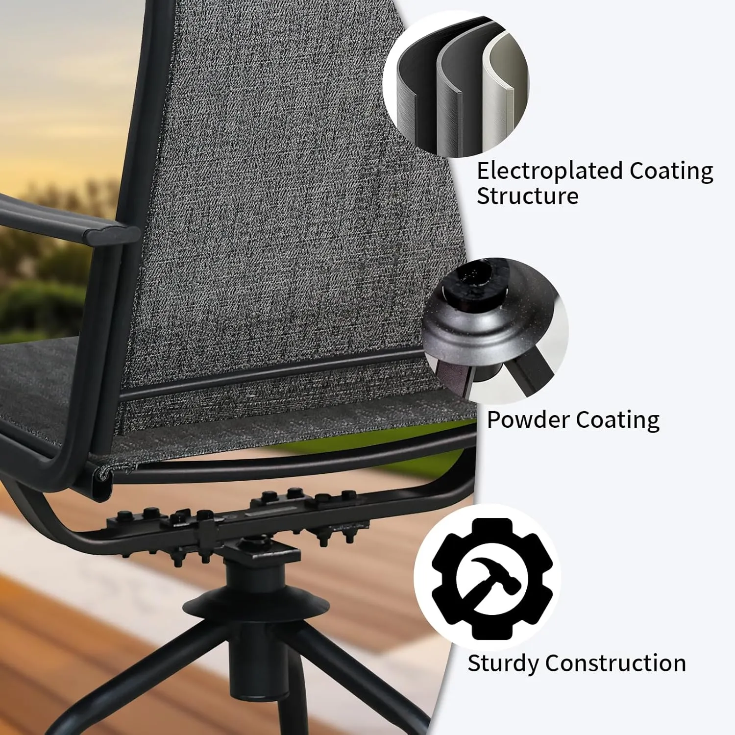 SHGJ&SOFT Patio Swivel Chairs Set of 2, Outdoor Swivel Rocker Dining Chairs with All-Weather Textilene High Back & Metal Frame for Backyard, Deck, Lawn, Garden(Grey, Set of 2)