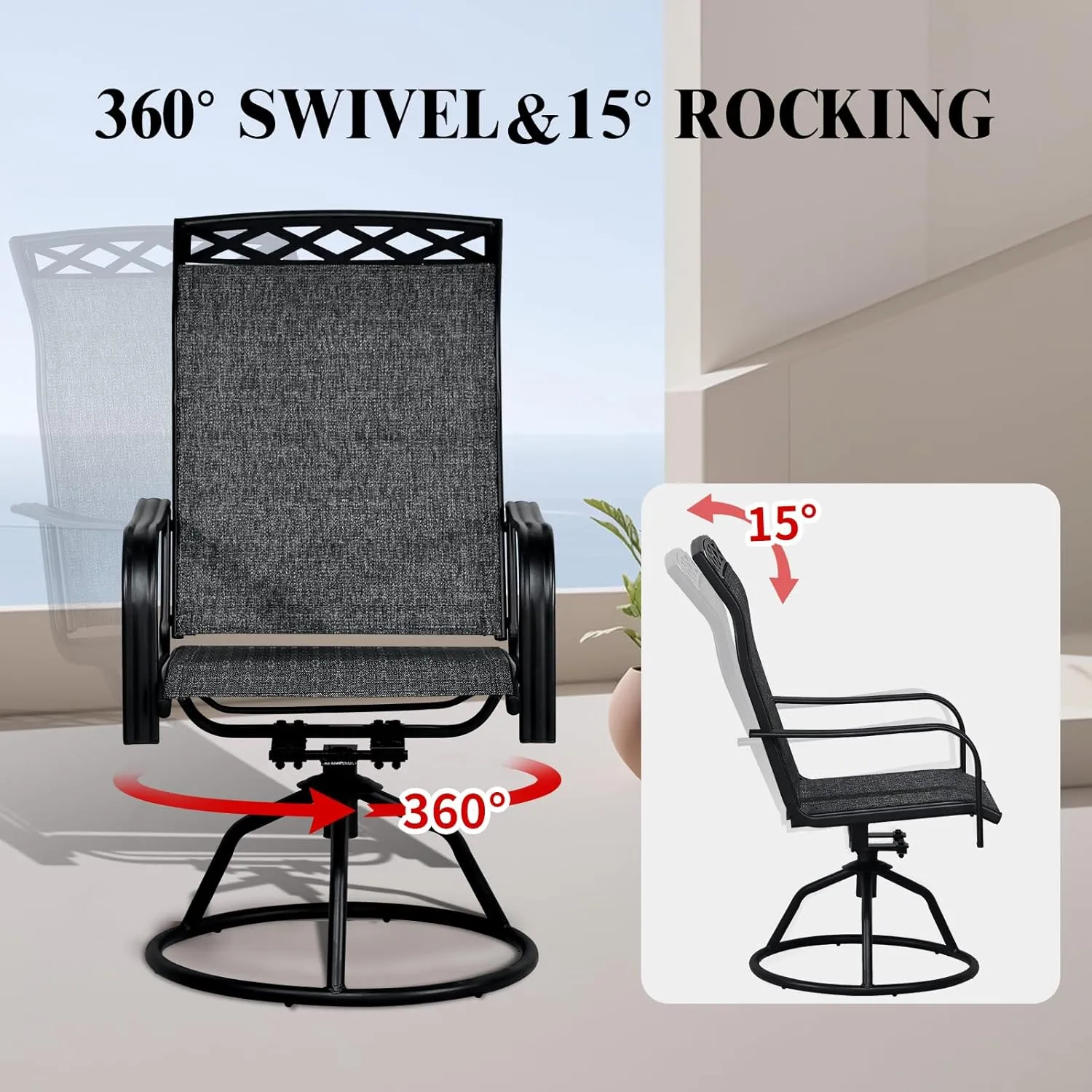 SHGJ&SOFT Patio Swivel Chairs Set of 2, Outdoor Swivel Rocker Dining Chairs with All-Weather Textilene High Back & Metal Frame for Backyard, Deck, Lawn, Garden(Grey, Set of 2)