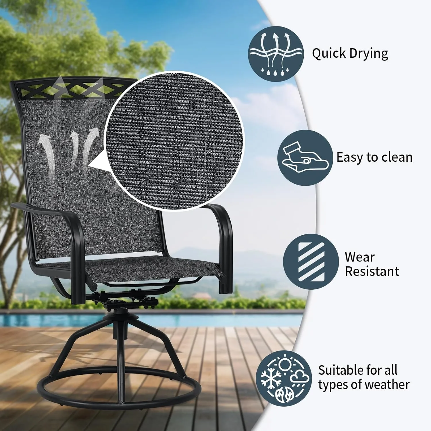 SHGJ&SOFT Patio Swivel Chairs Set of 2, Outdoor Swivel Rocker Dining Chairs with All-Weather Textilene High Back & Metal Frame for Backyard, Deck, Lawn, Garden(Grey, Set of 2)