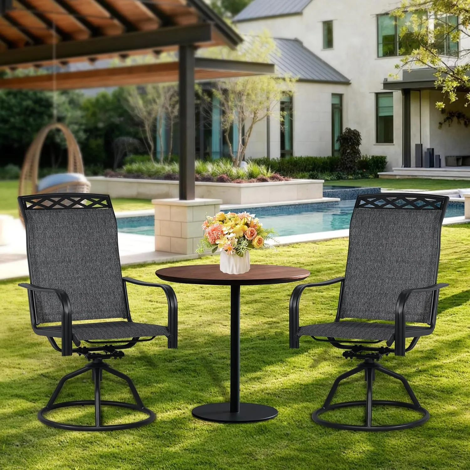 SHGJ&SOFT Patio Swivel Chairs Set of 2, Outdoor Swivel Rocker Dining Chairs with All-Weather Textilene High Back & Metal Frame for Backyard, Deck, Lawn, Garden(Grey, Set of 2)