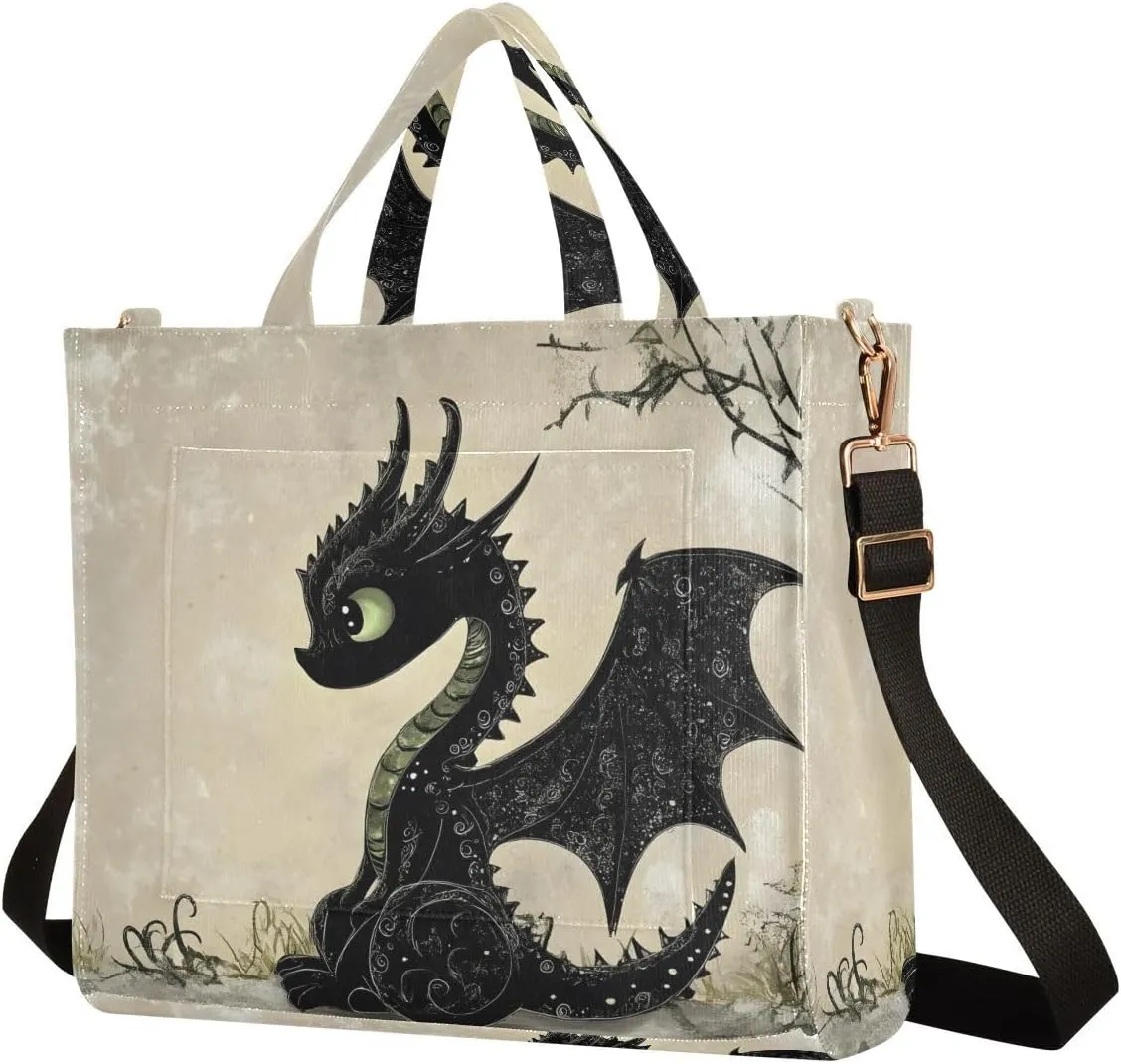 Shoulder Handbags for Women Black Gothic Dragon Print, Corduroy Tote Bag Large Capacity Small Size