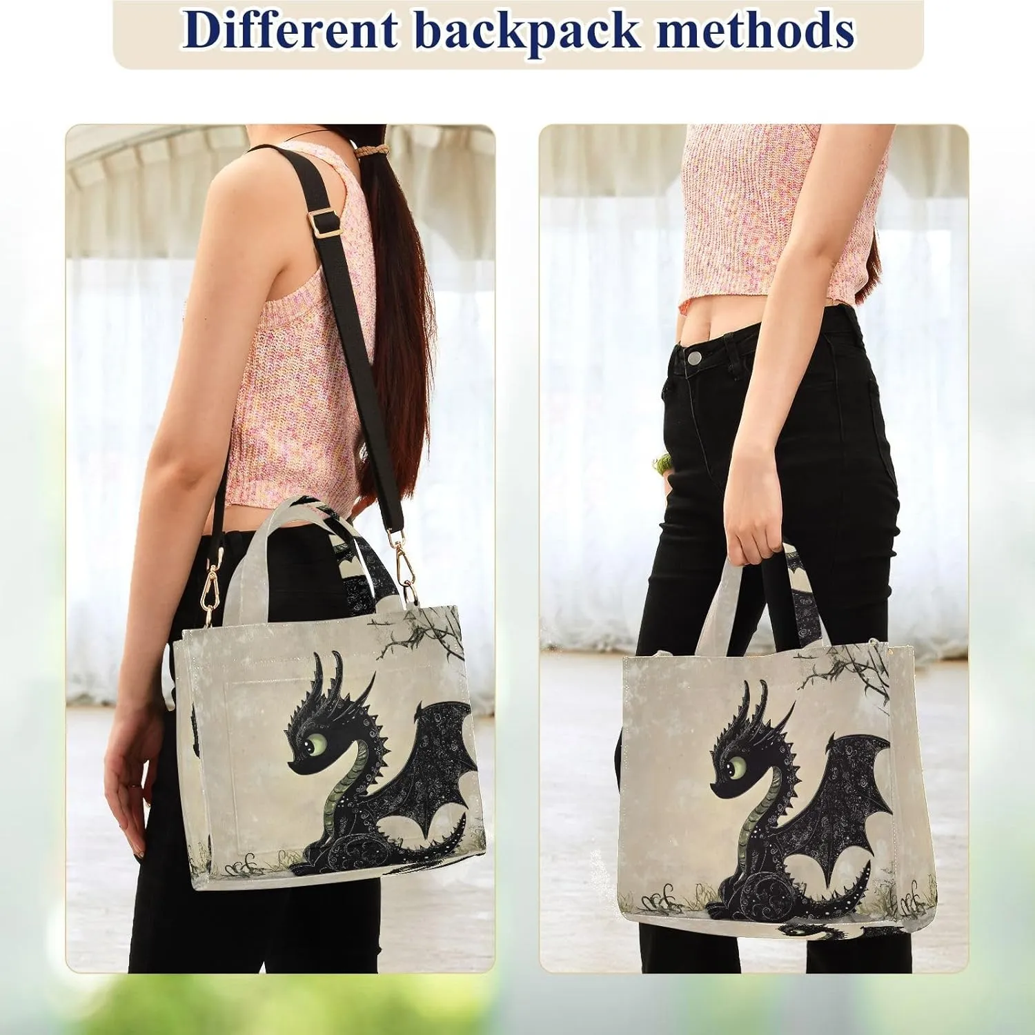 Shoulder Handbags for Women Black Gothic Dragon Print, Corduroy Tote Bag Large Capacity Small Size