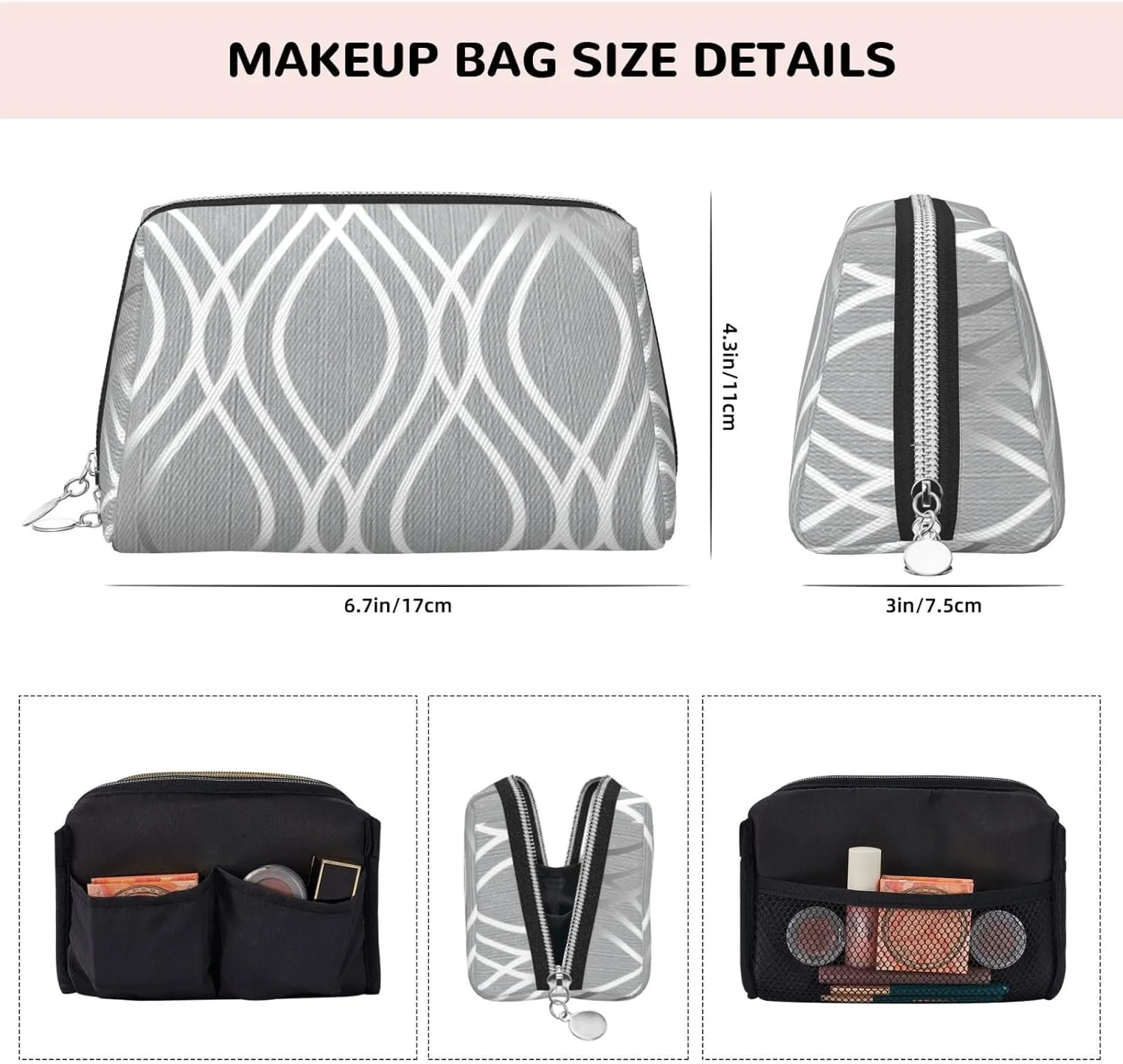 Silver Geometric Figure Travel-Ready Toiletry Bag, Compact Makeup Organizer For Women