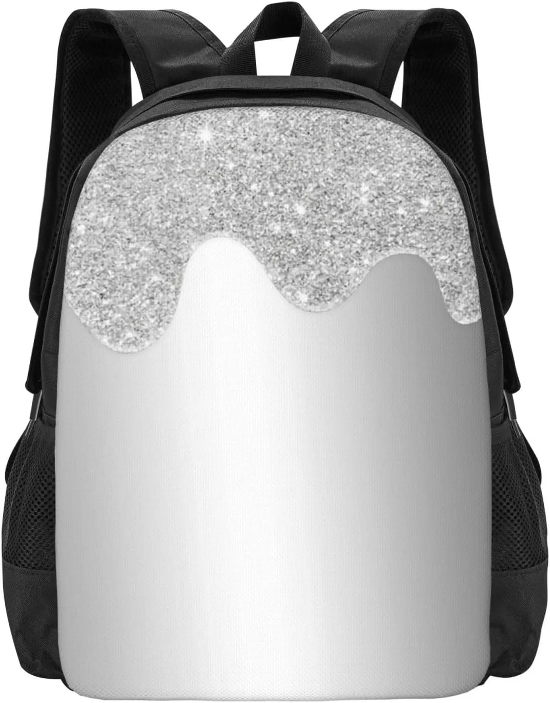 Silver Glitter Drips Metallic Gray Minimalist Large Backpack – 15”Laptop Backpack, Lightweight Travel & Work Bag With Ergonomic Straps